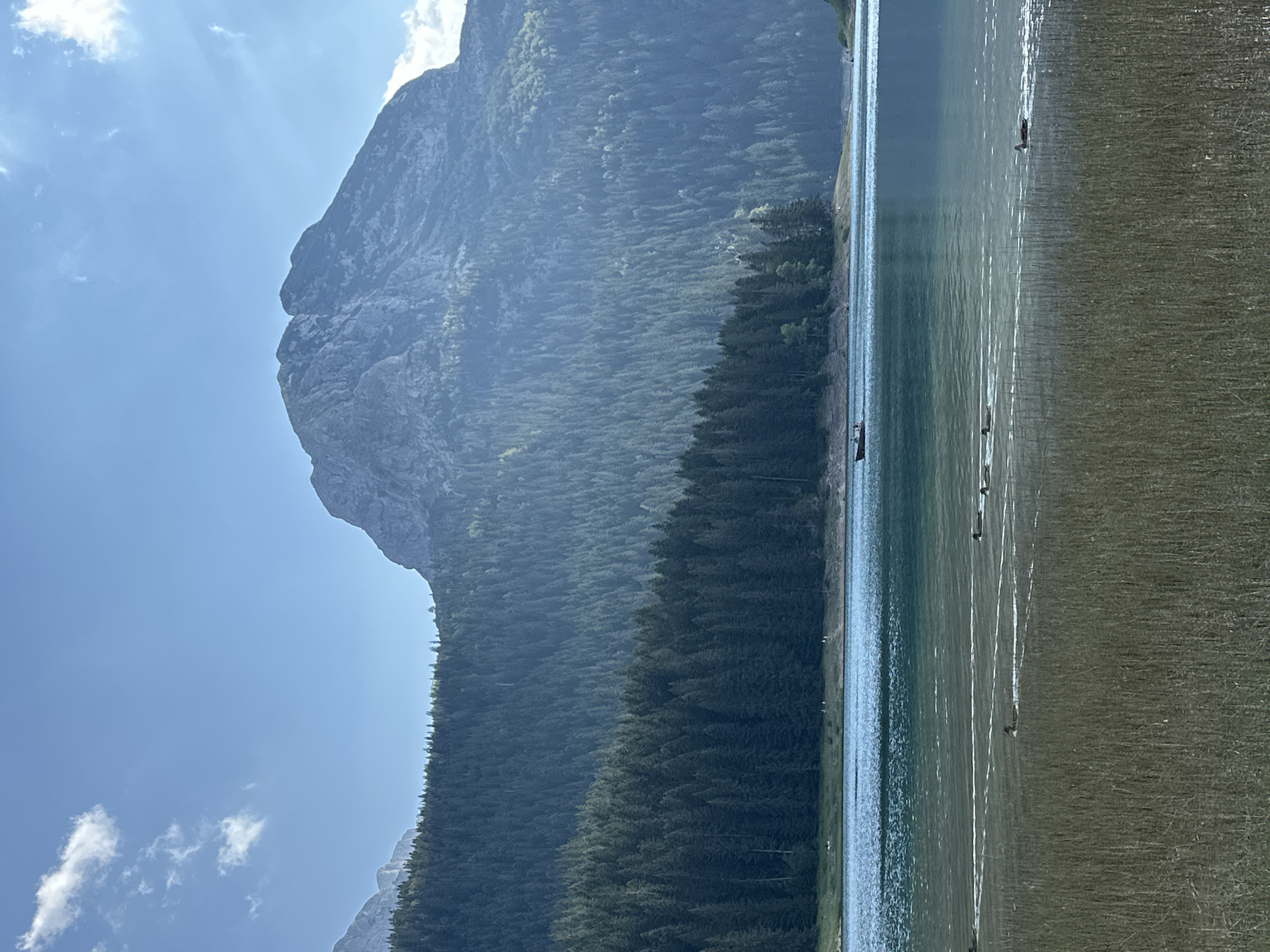 The image depicts a scenic view of a lake and surrounding mountains. In the foreground, tall, dry grass or reeds are visible, with several ducks swimming in the shallow water. The lake itself is a calm, turquoise blue, reflecting the sky. Further back, a dense forest of evergreen trees covers the lower slopes of rolling hills. Dominating the background is a large, rugged mountain peak with a jagged silhouette against a clear blue sky dotted with a few wispy clouds. A small boat with two people is visible on the lake in the mid-ground, and a few indistinct figures can be seen on the shoreline near the treeline. The overall impression is one of natural beauty and tranquility.