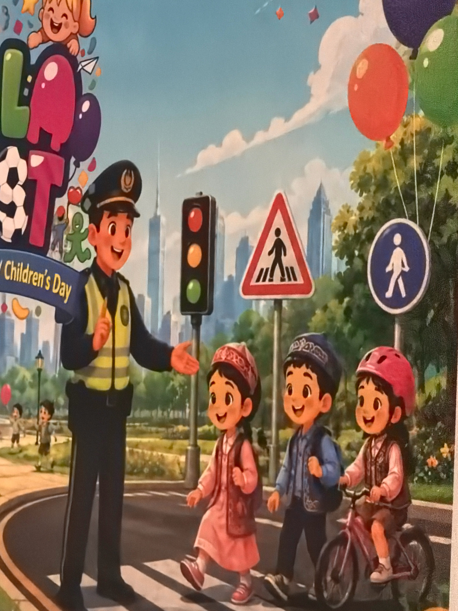 In a stylized, animated depiction of a city scene, a police officer stands at a crosswalk, gesturing to three children. The officer wears a dark blue uniform with a reflective yellow vest, a black cap with a gold emblem, and dark pants. The three children are crossing the street; the first, a girl in a pink dress and patterned headscarf, is walking. Next to her, a boy in a blue jacket and patterned headscarf walks, and the third child, a girl with a red helmet, rides a pink bicycle. Behind the children, a traffic light shows red, yellow, and green. Two road signs are visible: a triangular warning sign with a pedestrian symbol and a circular blue sign with a pedestrian symbol. In the background, stylized city buildings and trees are depicted against a bright blue sky with fluffy clouds. The overall scene appears to be a depiction of a traffic safety lesson, possibly related to Children's Day. The image is likely a promotional graphic for an event or educational campaign in Astana, Kazakhstan, suggested by the text "Children's Day" which could be related to the country's events.