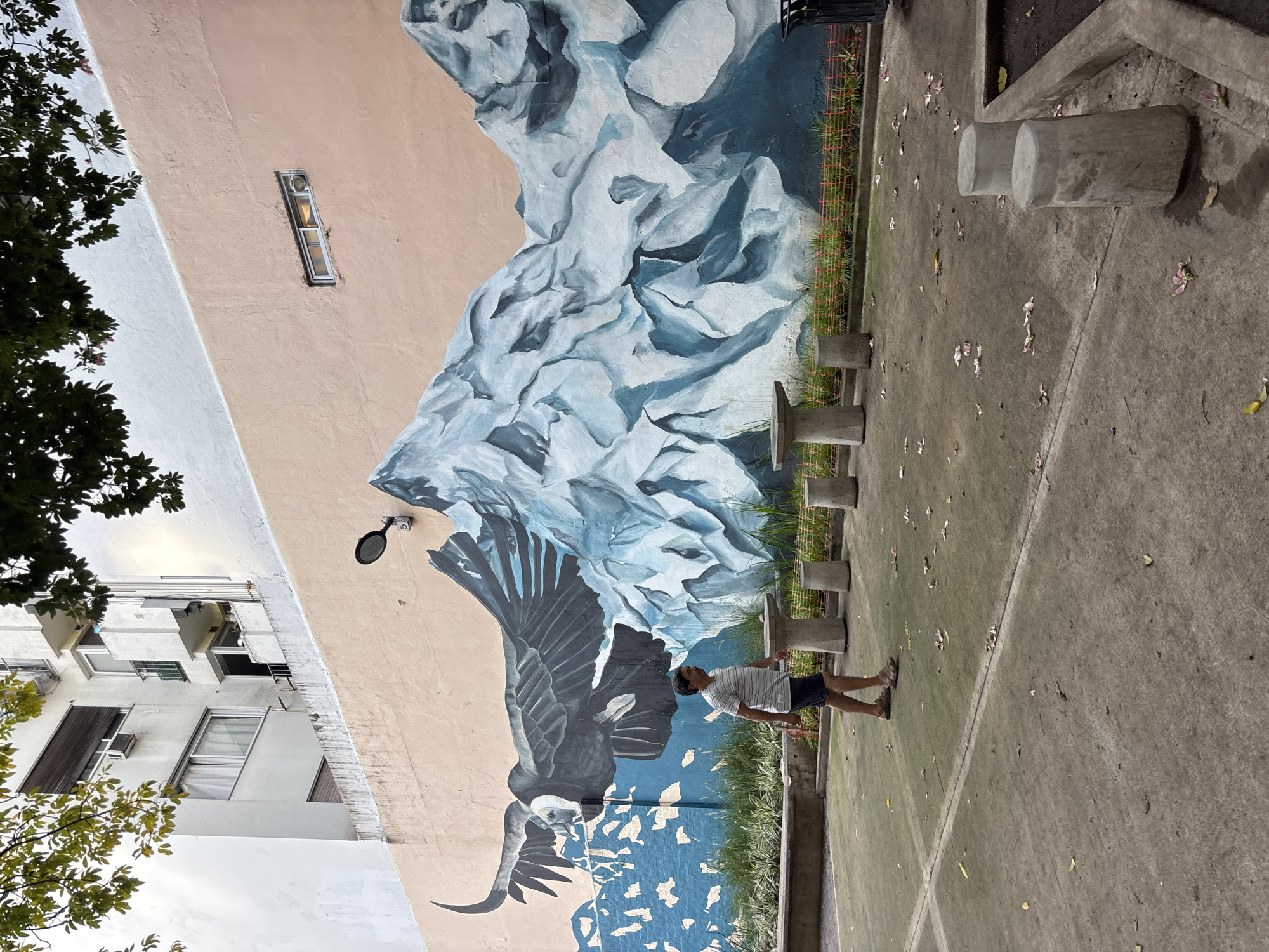 A man walks on a concrete sidewalk along a mural in the city of Buenos Aires, Argentina. The mural depicts a mountain range and a large bird of prey. The sidewalk has concrete cylinder-shaped benches. An apartment building with windows and balconies is visible behind the mural. There are green trees in the lower left corner of the image.