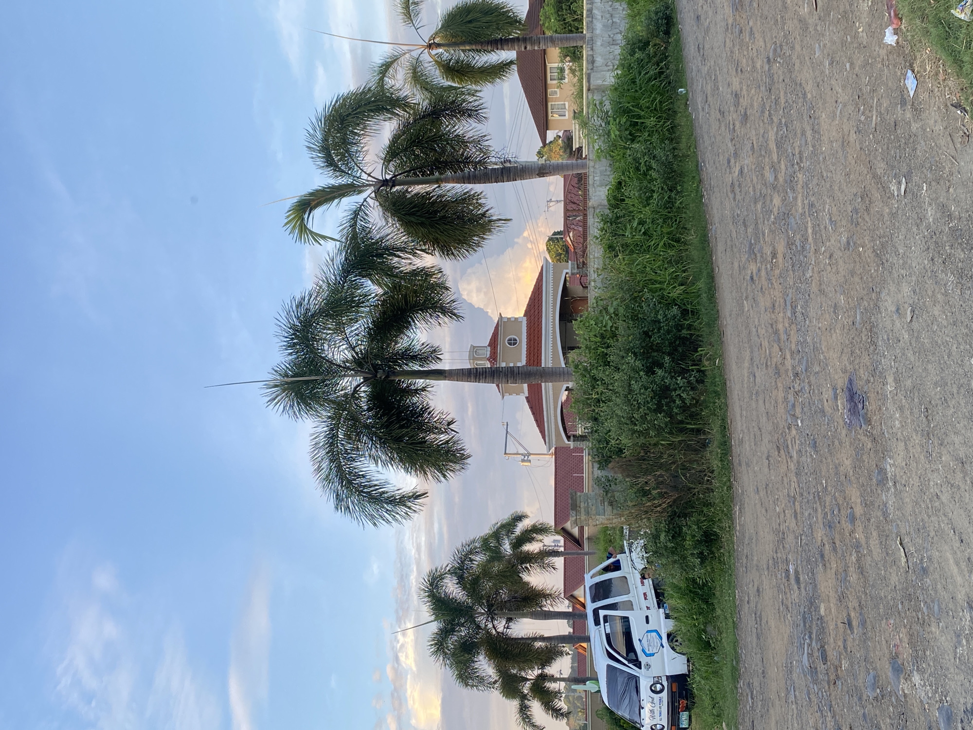 The image shows a street scene in Davao City, Philippines, with a dirt road in the foreground and a line of buildings and palm trees in the background. A white van with "With God All Things Are Possible" written on it is parked on the left side of the road, partially obscured by lush green vegetation. Several palm trees are prominent, with their fronds extending towards the sky, which is a mix of blue and soft, diffused clouds. Behind the vegetation, a wall separates the road from a residential area. Houses with red tiled roofs and light-colored walls are visible, along with a prominent building with a domed roof topped with a circular feature. The overall impression is that of a residential neighborhood on a clear day with a hint of sunset colors in the sky.
