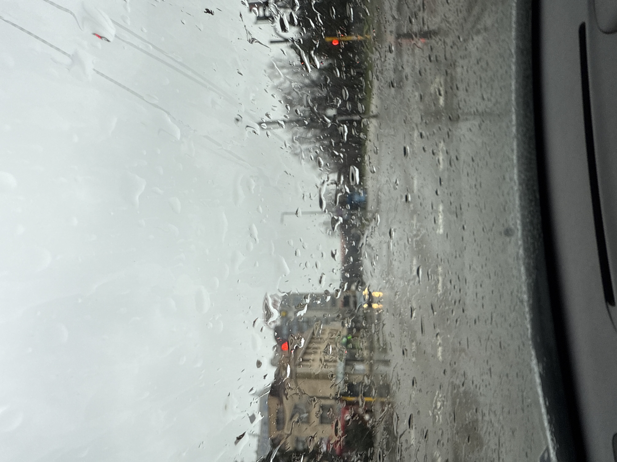 The image depicts an urban street scene in Sofia, Bulgaria, viewed from the interior of a vehicle through a rain-covered windshield. Numerous water droplets and streaks obscure the view, indicating active rainfall and overcast weather conditions. The lower edge of the vehicle's dashboard is visible in the foreground.
The scene is an intersection, identifiable by multiple traffic signals. Two prominent red traffic lights are visible: one positioned centrally on the left side of the frame, appearing above or adjacent to a building, and another on the right side of the road. The road surface is wet and reflective, with faint lane markings visible. Several other vehicles are discernible in the distance as blurred shapes, some displaying illuminated headlights.
On the left, a multi-story building with a light-colored, possibly beige or pale yellow, facade dominates the midground. Architectural details suggest a European style, with visible windows and what appear to be ground-floor commercial establishments. On the right side, bare trees or winter-foliage trees are visible, suggesting the season.
The specific location is the intersection of Knyaz Aleksandar Dondukov Boulevard and Georgi S. Rakovski Street in Sofia, Bulgaria. The building on the left with the characteristic facade and the arrangement of traffic lights are consistent with this intersection when observed traveling east on Dondukov Boulevard. The overall environment is grey and muted due to the inclement weather. No individual persons are clearly identifiable.