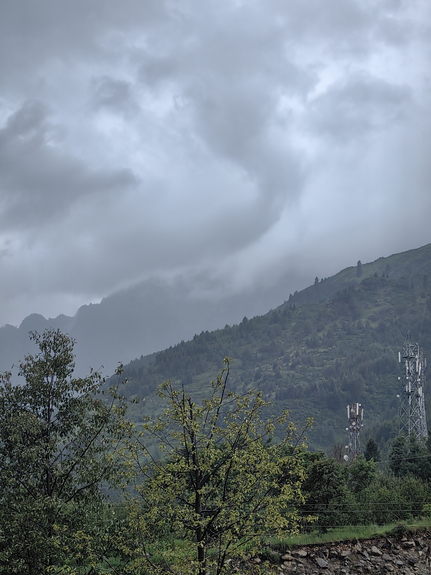 The image depicts a cloudy, overcast day in the mountainous terrain of Kulang, India. In the foreground, several trees with green foliage are visible. The middle ground features a steep, tree-covered hillside. Two cellular towers are prominent in the middle ground, one on the right side of the frame and another further back and to the left. In the background, rugged mountain peaks are shrouded in mist. The overall atmosphere is somber and natural, suggesting a humid or potentially rainy environment.