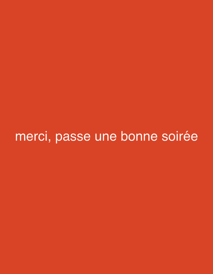 The image is a solid red background with the text "merci, passe une bonne soirée" written in white. The scene does not depict any location in the city of Strasbourg, France, nor does it contain any people, subjects, objects, actions, interactions, or specific environmental details.