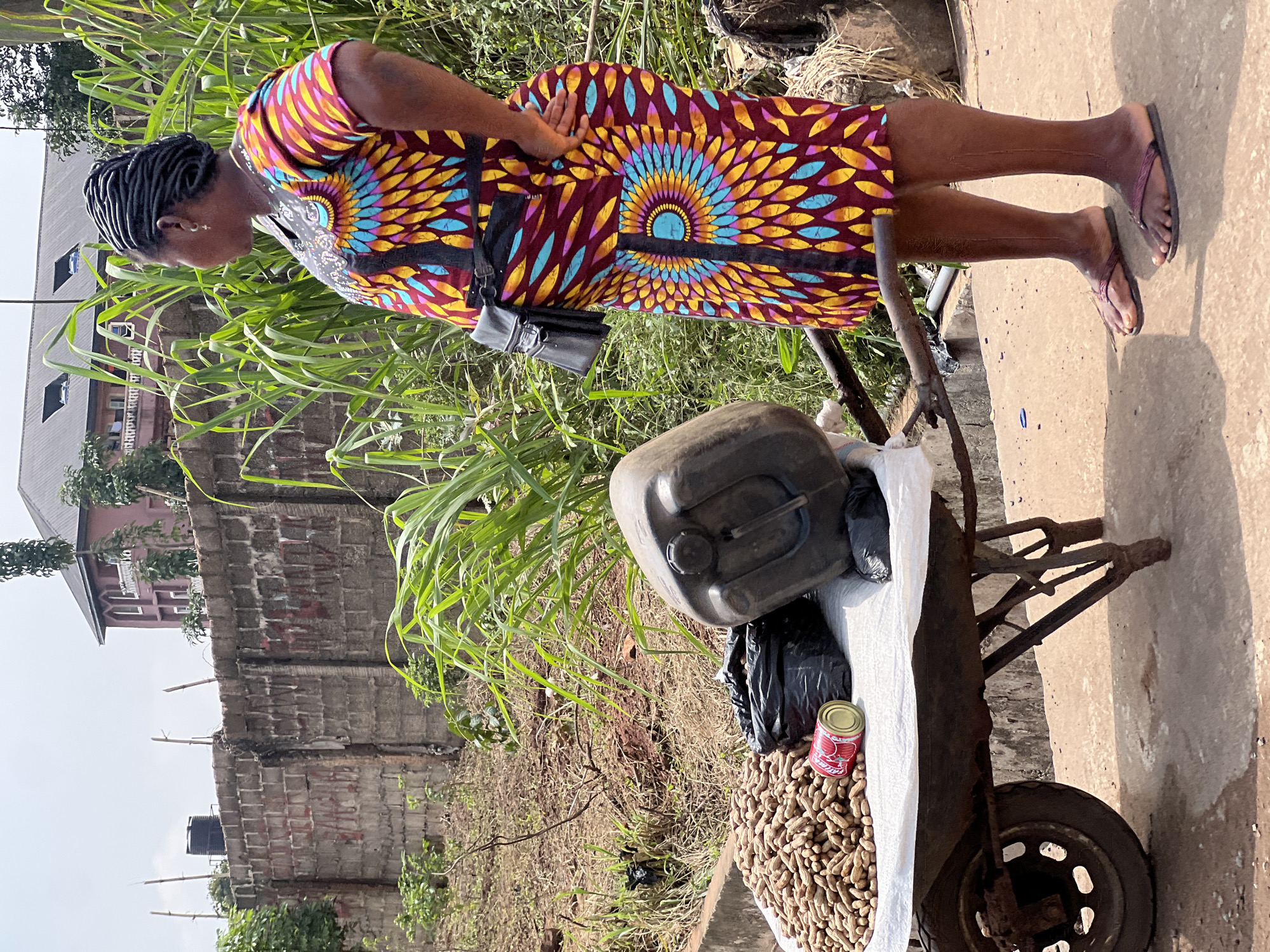 This media file shows a woman in Nkpor, Nigeria. She is wearing a colorful, patterned dress and dark flip-flops. Her hair is styled in dark braids. The woman is standing next to a small, rusty wheelbarrow that is loaded with goods. These include a large, dark plastic container, two black plastic bags, a can of soda, and a pile of peanuts. The wheelbarrow is situated on a concrete surface, with tall green grasses and a brick wall in the background. Further in the background, a building with a dark roof and pink walls is visible. The scene appears to be outdoors, likely during daylight hours, as indicated by the shadows cast on the ground. The overall impression is that of a street vendor or someone engaged in commerce in a residential or semi-commercial area. There is no discernible text in the image.