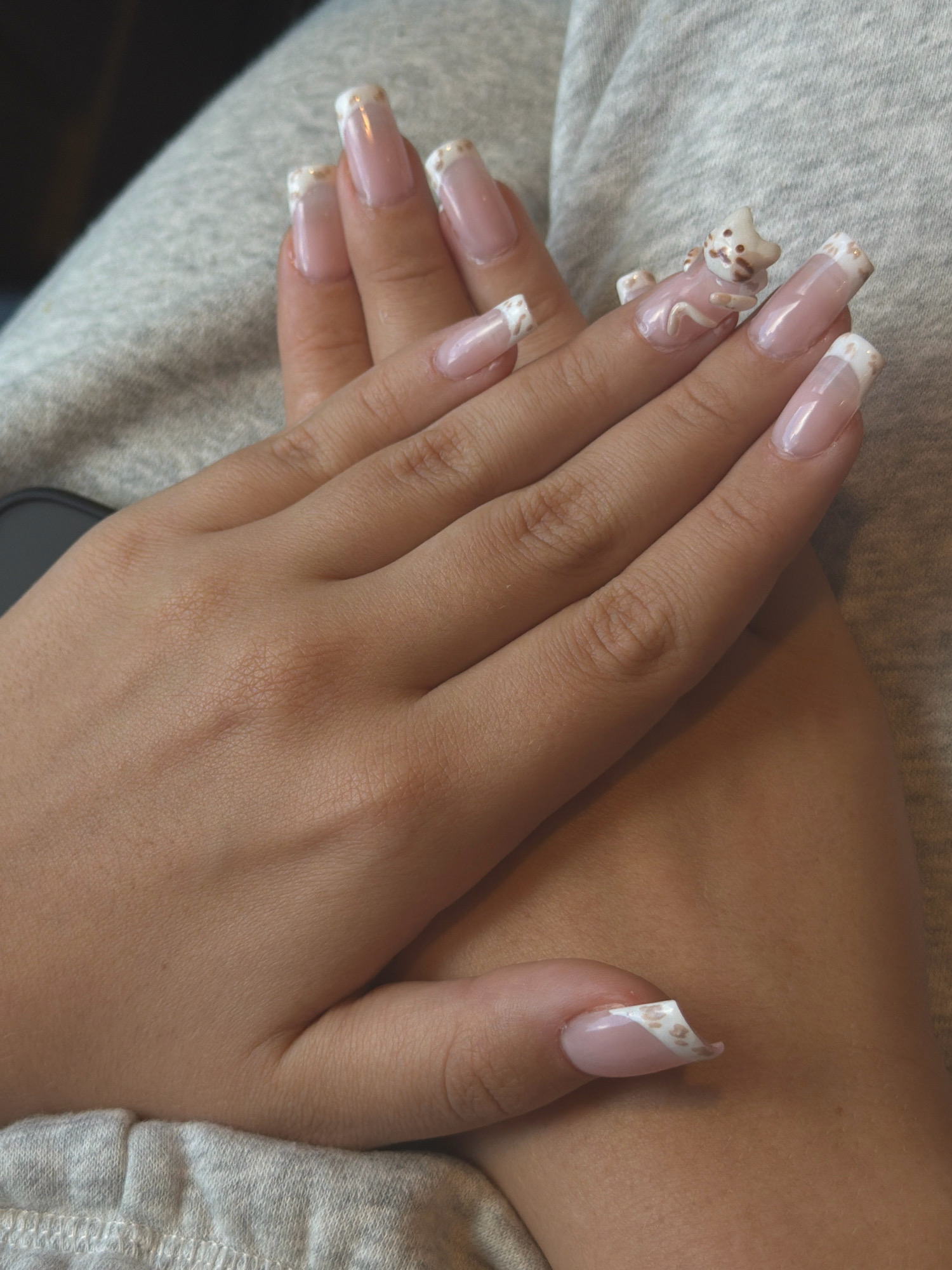 A close-up, overhead shot shows a person's hands resting on a gray, textured fabric, likely clothing. The nails are long, acrylic, and styled in a French manicure with a light pink base and white tips. Some nails feature an additional decorative element: small, detailed 3D charms resembling cartoon cats in white and brown, and a leopard print pattern on the tips of a few nails. One charm, a white cat with brown accents, is prominently placed on the middle finger, its tail curled around the nail. The lighting is soft, illuminating the hands and nails, with no visible background elements that could identify a specific location or city. The image does not provide any information about Asheville, United States of America.