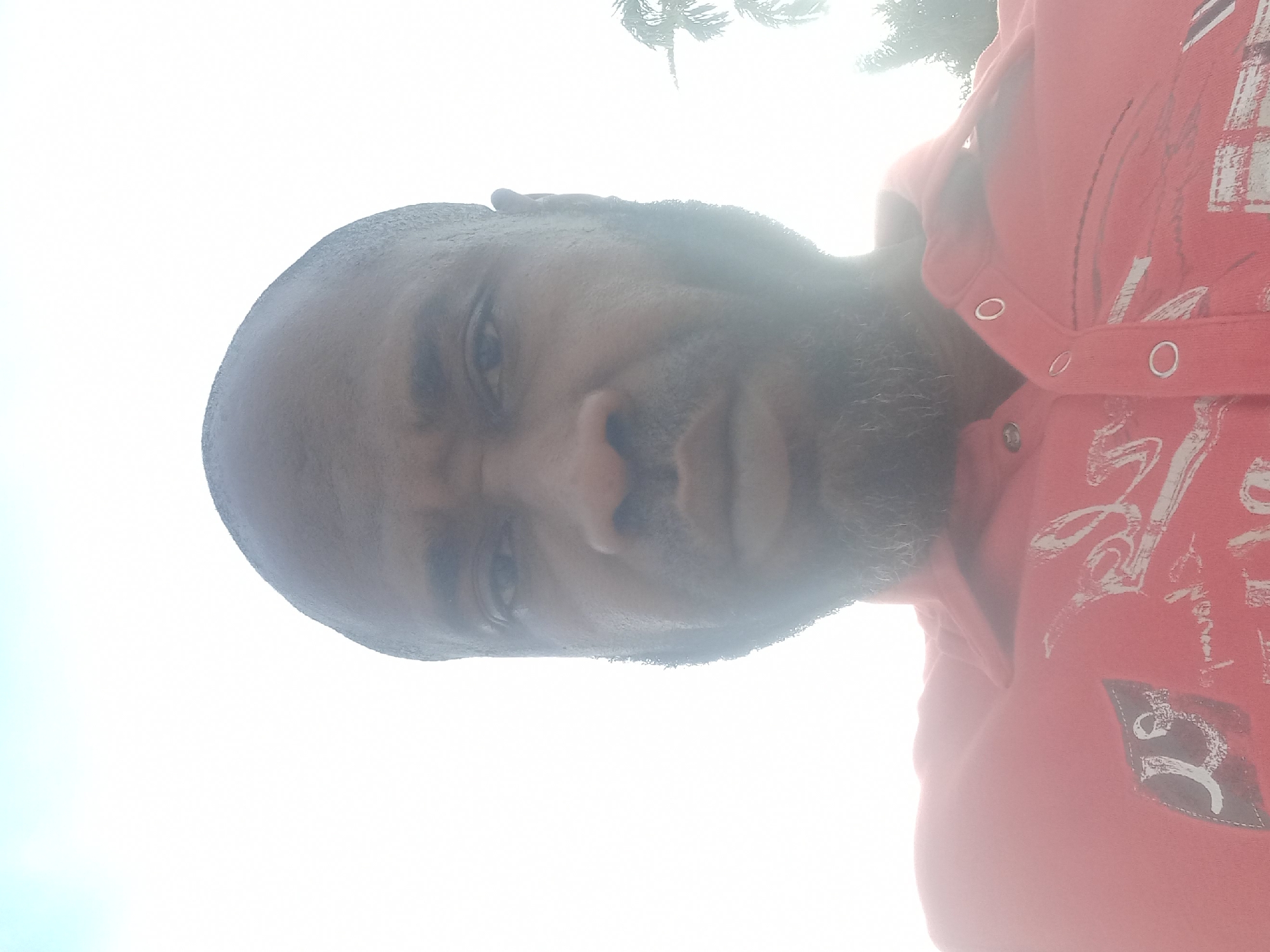 A medium shot of a dark-skinned man with a bald head, facial hair and wearing a red polo shirt. The image appears to be taken outside, with some trees visible in the very top portion of the image, likely in the city of Barden Yana, Nigeria. The lighting is bright, causing some overexposure. The man is looking directly at the camera.