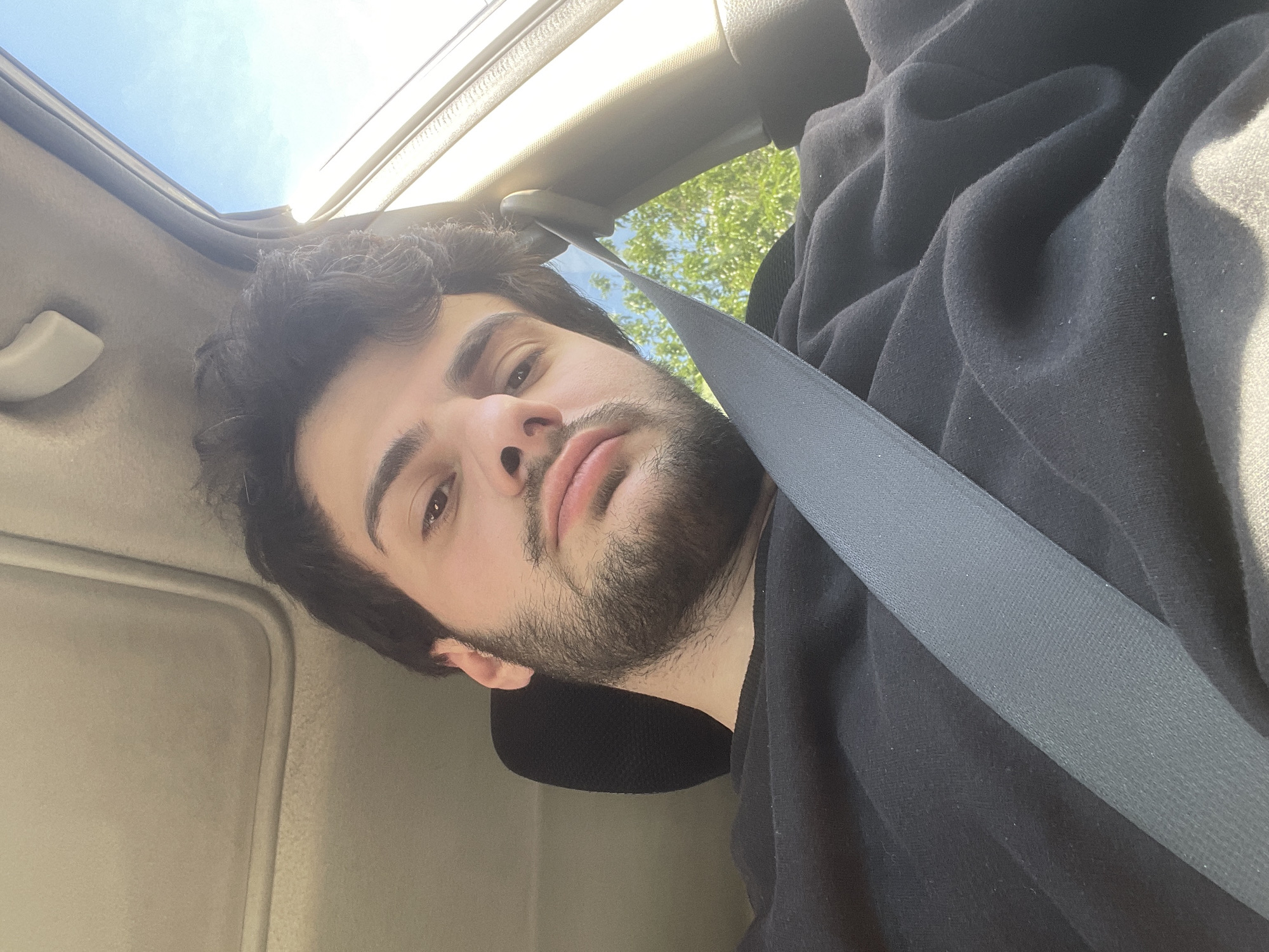 A close-up, upward-angle selfie shows a young man wearing a black hoodie and a gray seatbelt, presumably taken inside a car. He has dark, curly hair and a beard, with his face partially illuminated by sunlight. A car sunroof is visible above him, revealing a blue sky and glimpses of green trees. The car interior is beige. The image does not contain the city of Tbilisi, Georgia.