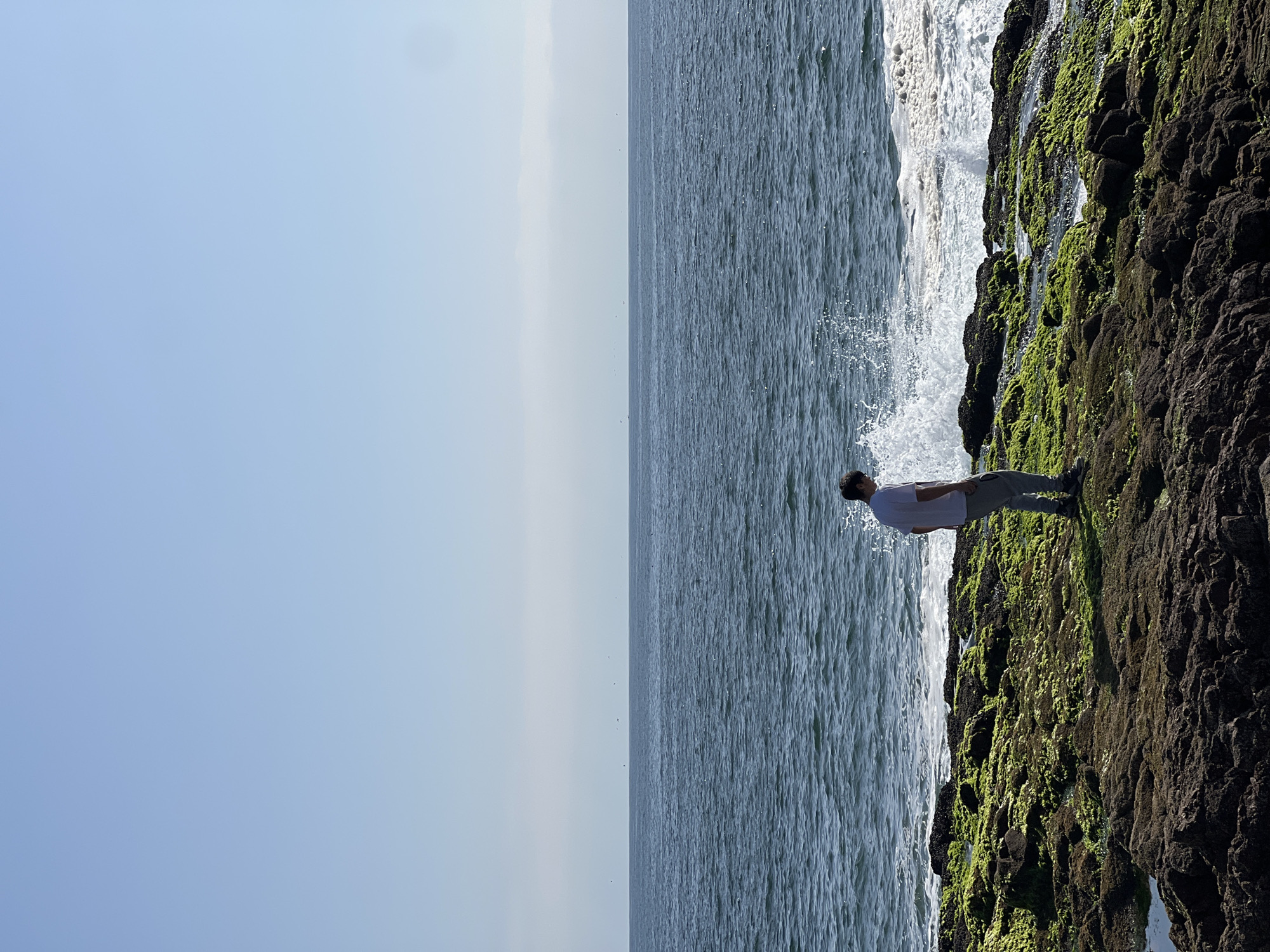 The image shows a view of the ocean in Arica, Chile, with a man standing on a rocky, moss-covered coastline. The sky is a clear, light blue. The ocean is a dark blue-gray, with waves crashing against the rocks. The man is wearing a white t-shirt and gray pants, and he is standing with his back to the viewer, looking out at the ocean. He is the only person visible in the image. The rocks are dark in color and covered in green moss. The horizon line is roughly in the middle of the image.