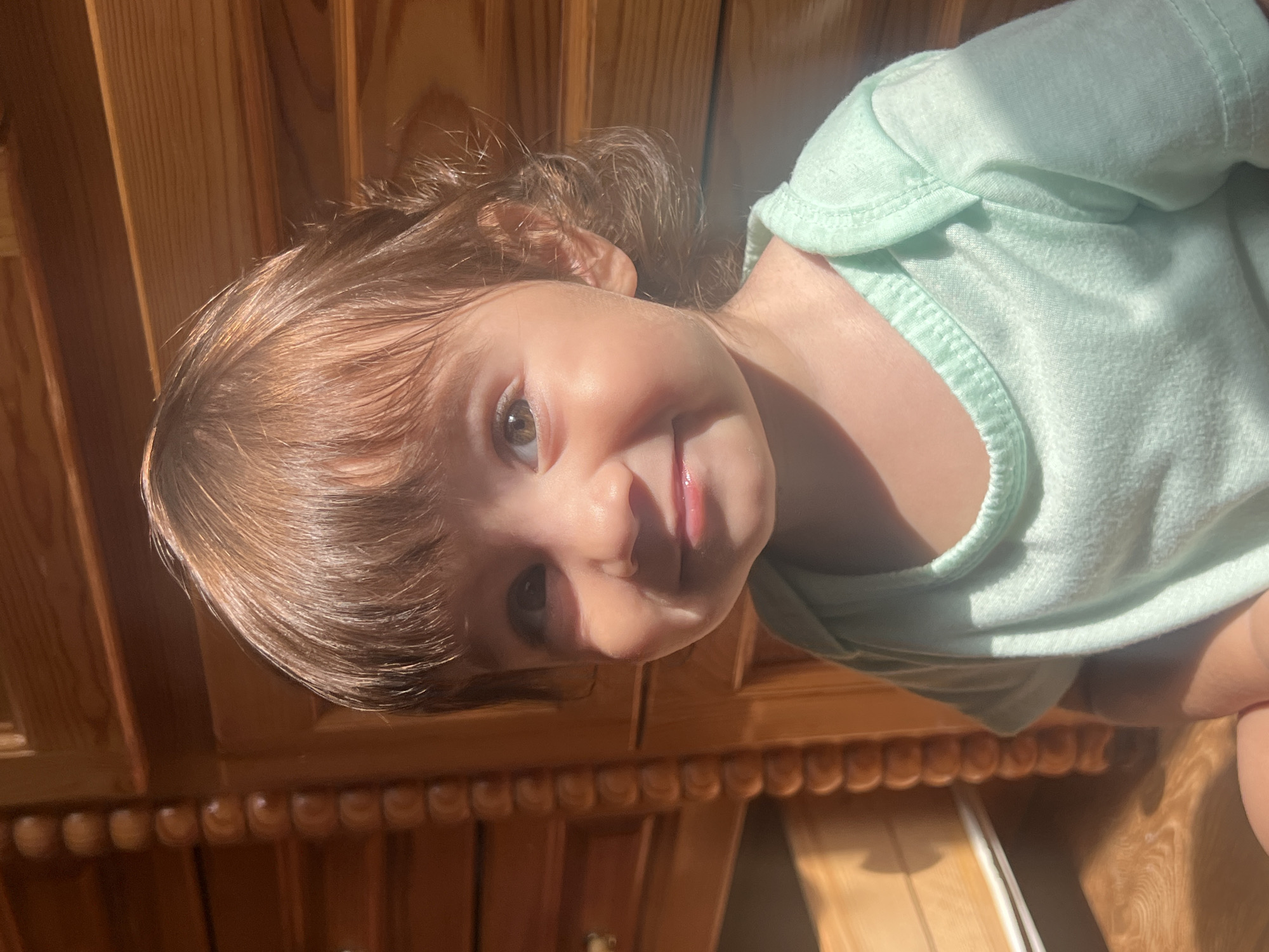 A young child, likely a toddler, is shown from the chest up, seated indoors. The child has light brown hair and is looking slightly to their left with a gentle smile. They are wearing a light mint green onesie. The background consists of wooden paneling, with vertical lines and some shadows suggesting it might be furniture or a wall. The lighting appears to be natural sunlight, casting highlights on the child's face and creating a warm ambiance. The setting does not provide specific clues to pinpoint a location within Elena, Bulgaria.