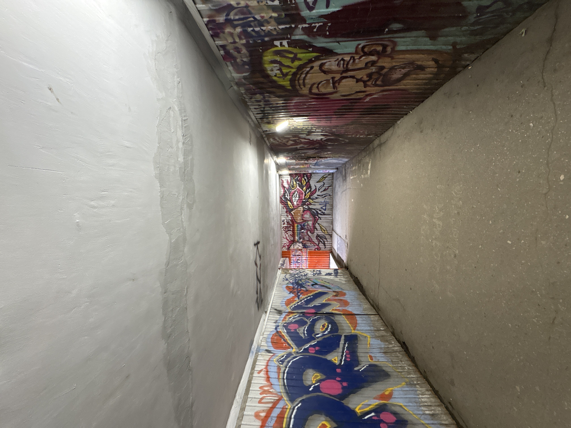 The image depicts a narrow, pedestrian underpass in Ulyanovsk, Russia. The walls are concrete; one side is painted light grey, while the other is unfinished. The ceiling and floor are covered with corrugated metal, and both are heavily adorned with graffiti. The graffiti art covers the floor, ceiling, and a distant wall at the end of the underpass. The lighting is dim, with light emanating from a fixture on the ceiling. The perspective is a ground-level, eye-level shot looking down the length of the underpass.