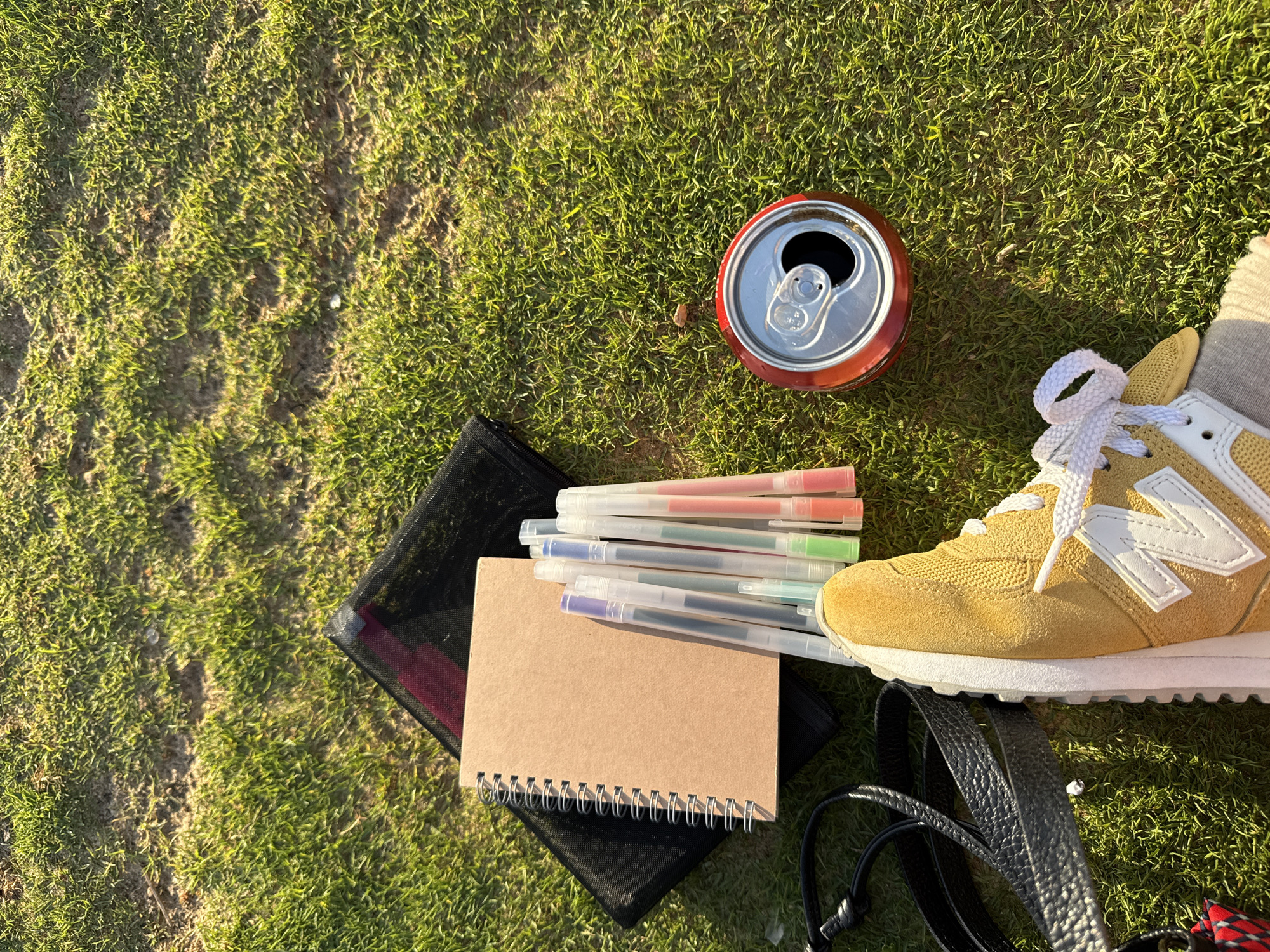 An overhead shot captures a collection of personal items resting on sun-dappled grass, suggesting a moment of leisure or creative activity outdoors in Tel-Aviv, Israel.
The scene features an opened red soda can positioned in the upper right, its silver tab glinting in the sunlight. Below and to the right, a vibrant yellow-ochre sneaker with white laces and a prominent white "N" logo, indicative of the New Balance brand, is prominently displayed. A grey sock is visible on the foot wearing the sneaker.
Central to the composition is a small, spiral-bound notebook with a plain brown cover, ready for use. A cluster of clear-bodied gel pens, showcasing various colors like pink, green, blue, purple, and black, is neatly arranged atop the notebook, further hinting at drawing, writing, or journaling. Partially visible beneath the notebook and pens is a black mesh pouch or bag. A black strap, likely from another bag, can be seen in the lower right corner, adjacent to the sneaker.
The lighting conditions, characterized by long, warm shadows cast across the grass, suggest it is either early morning or late afternoon under clear, sunny skies. The grass itself appears somewhat sparse in areas, consistent with an outdoor setting in a warm climate. No people are visible, but the presence of the sneaker implies an individual is present and engaging in this relaxed outdoor pursuit.