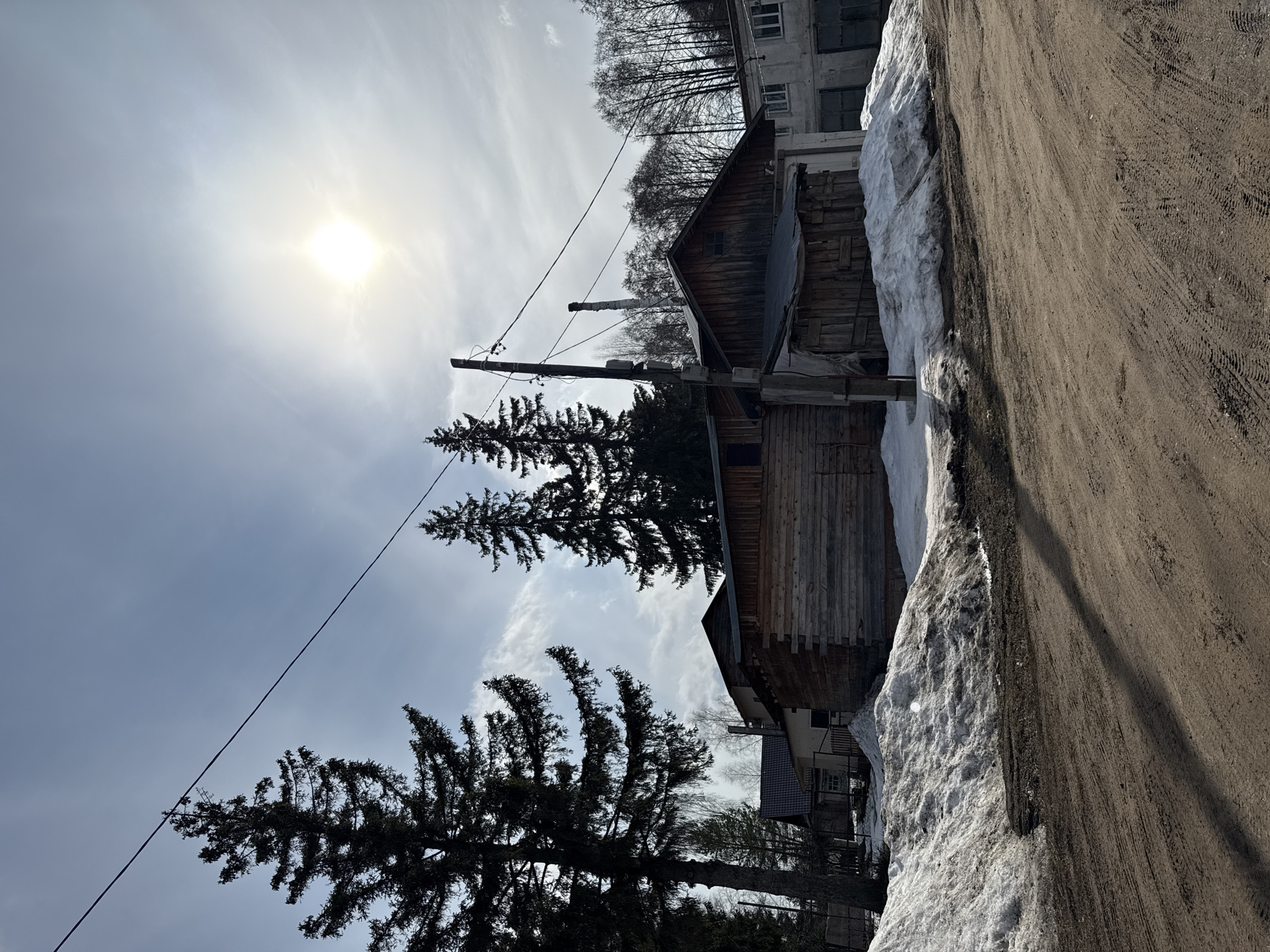 This photograph, taken in Chaikovsky, Russia, depicts a winter scene on a partly sunny day. The perspective is from a low angle, looking up at a wooden structure situated adjacent to a dirt road covered with traces of tire tracks. A significant amount of snow is piled alongside the building. Two tall pine trees stand out against the sky. Overhead, a power line is strung between utility poles. The sun is prominent in the sky, casting a bright glow. The structure is situated in front of a taller building.