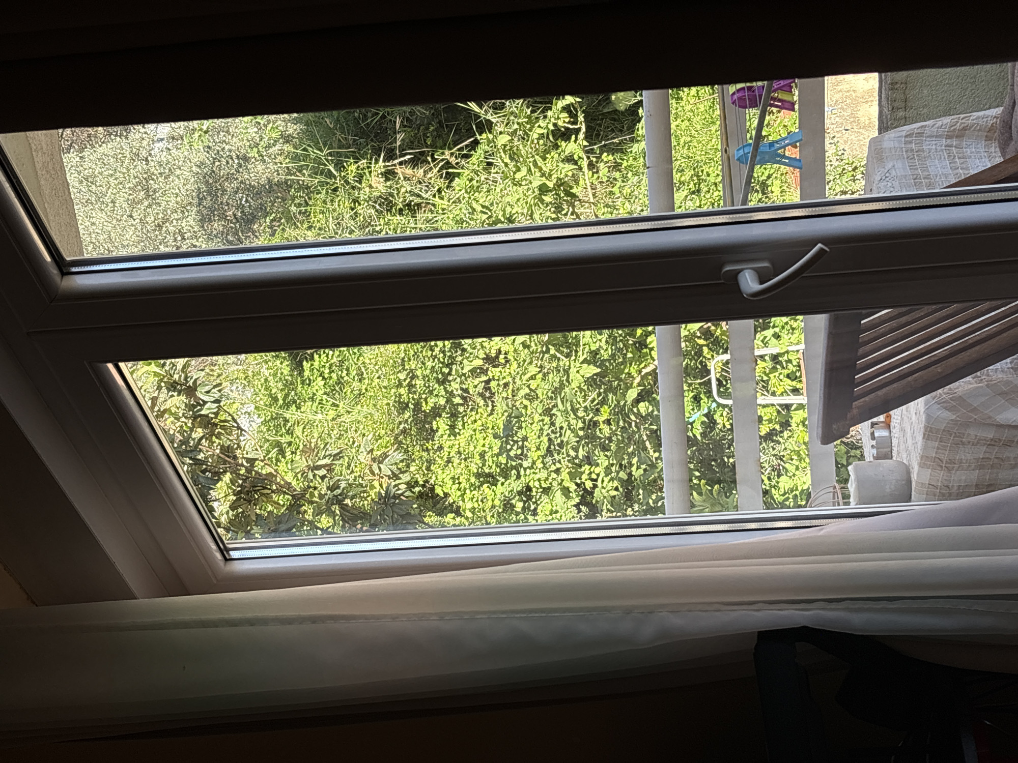 The image provides an indoor view looking out through a white-framed window, likely a skylight or attic window, onto a vibrant outdoor scene. The interior space appears dimly lit, with dark framing surrounding the window and a light-colored curtain or blind visible at the bottom.
Through the window, a lush expanse of green vegetation, including dense bushes and grass, is brightly illuminated by natural daylight, suggesting clear, sunny weather during the day (morning or afternoon).
Notable outdoor objects include several vertical light-colored poles interspersed within the greenery. To the upper right, a colorful clothes drying rack with purple and blue elements, along with blue clothespins, is visible. Adjacent to this, a wooden structure, possibly a railing or part of a patio, is partially seen, next to a textured, light-colored object that resembles a stone planter or wall, and a piece of white, possibly quilted, fabric. The overall outdoor environment suggests a garden or a semi-cultivated area, consistent with the location context of Bečići, Montenegro.
No people are visible, and no specific activity is occurring other than the static observation of the exterior. There is no visible text.