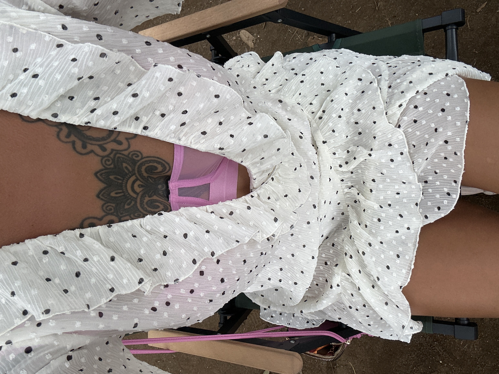A high-angle shot shows a person sitting in a chair outdoors. The person is wearing a white dress with black polka dots and pink underwear is visible. A large tattoo is seen on the person's left side. Part of a handbag is also visible. The background is somewhat blurry and appears to be natural ground. The location is presumed to be Kuta Selatan, Indonesia, based on the prompt.