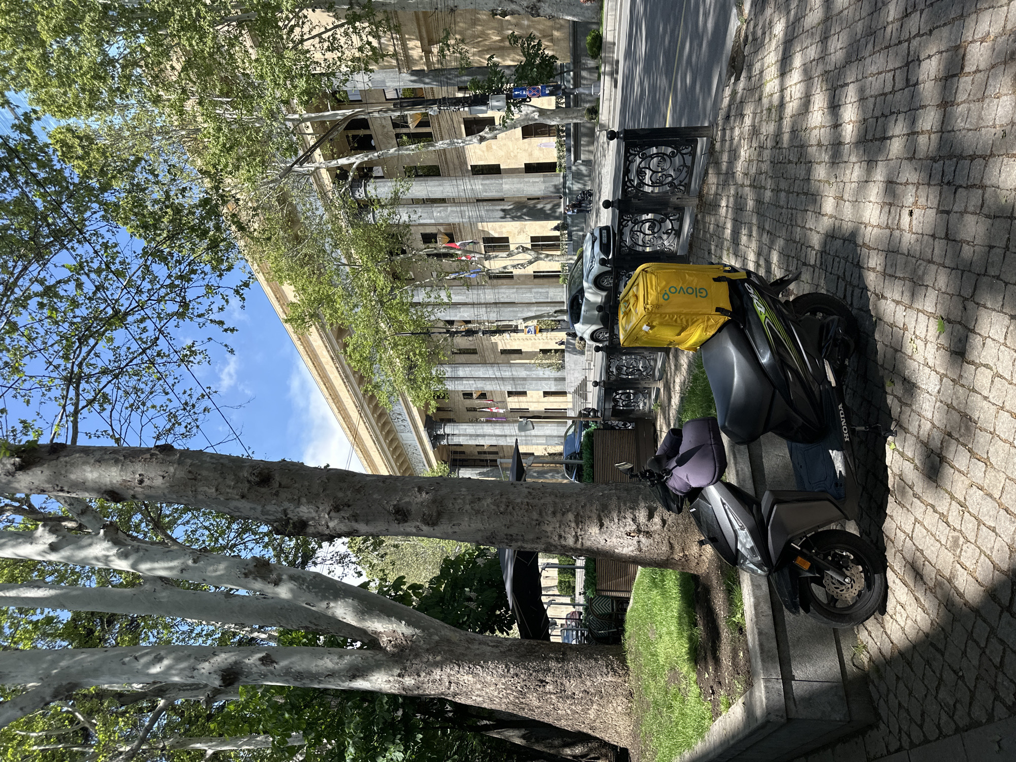 A delivery scooter is parked on a cobblestone sidewalk in Tbilisi, Georgia. The scooter, predominantly black, bears a bright yellow Glovo delivery bag. Behind the scooter, across a narrow strip of grass, stands a large tree with light grey bark. Further in the background is a monumental building with tall columns, possibly a government building, constructed in light-colored stone. Cars are parked alongside the building. A wrought-iron fence runs parallel to the sidewalk. The sky above is partly visible through the trees, showing blue patches with light clouds. The street is paved with asphalt. The image is taken during the daytime, with shadows cast across the sidewalk.