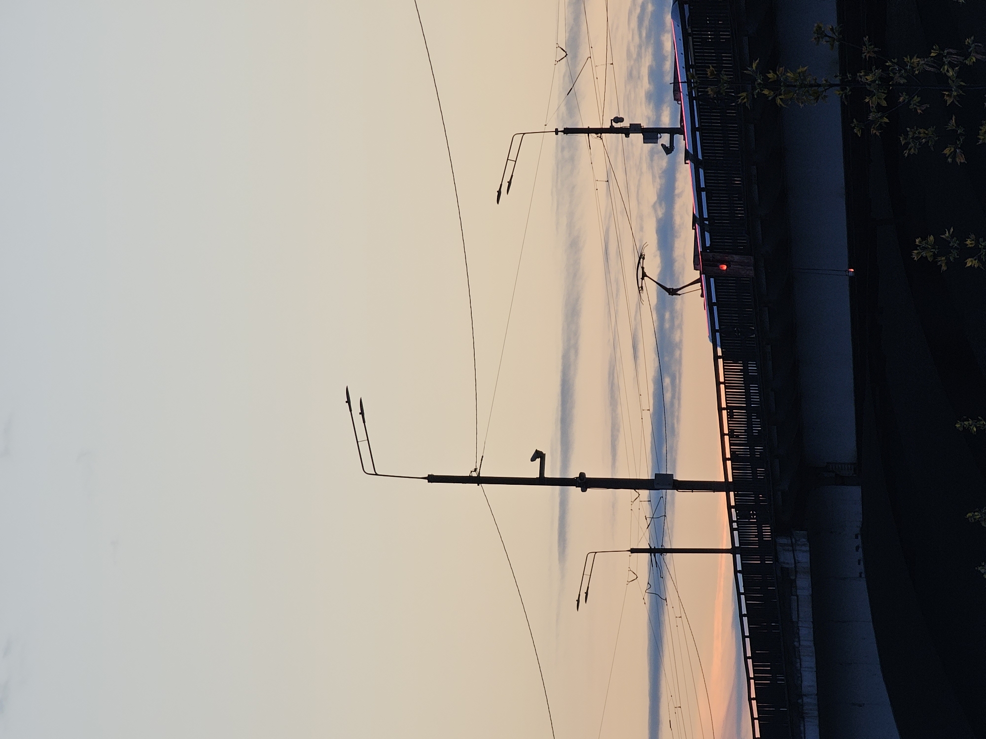 The image, taken in Khimki, Russia, depicts an outdoor scene during either dawn or dusk. The sky presents a soft gradient, transitioning from a pale, light grey-blue at the top to warm peach and subtle pink tones near the horizon. Thin, elongated clouds are visible, stretching horizontally across the sky.
Several tall utility poles, characteristic of urban infrastructure, are silhouetted against the twilight backdrop. These poles support a complex network of overhead wires, likely for electricity or a public transport system such as trams or trolleybuses, which crisscross the frame. Multiple streetlights, mounted on curved arms extending from the poles, are also visible in silhouette.
In the lower portion of the image, a large bridge or overpass is visible, rendered in a dark silhouette. The bridge features a distinct railing structure along its length. Several small, glowing red lights are notable on the bridge, possibly serving as signal lights or part of decorative illumination. To the far right, dark, leafy tree branches are silhouetted against the brighter sky, indicating the presence of nearby vegetation.
No people are visible, and no specific activities are taking place, contributing to a calm and tranquil atmosphere. There is no visible text in the image. The scene captures a quiet moment of transition between day and night in an urban setting.