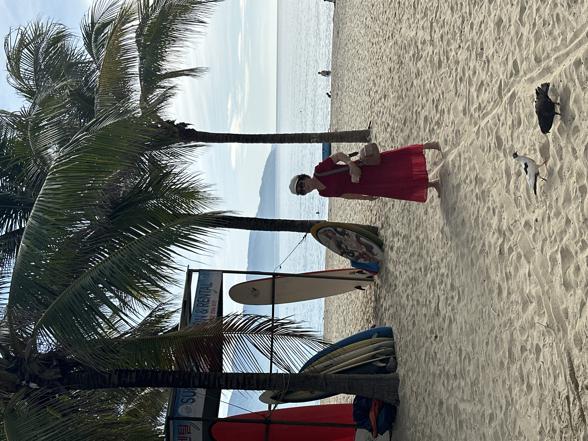 A woman in a red dress and a white cap stands on a sandy beach in Da Nang, Vietnam. She is facing left, holding a light brown purse over her right shoulder and a phone in her left hand. She is barefoot. Behind her, several surfboards lean against a wooden structure with a sign that reads "SURF INN & RENTAL". Palm trees frame the scene, and the ocean stretches out to the horizon under a cloudy sky. Two pigeons are on the sand in the foreground.