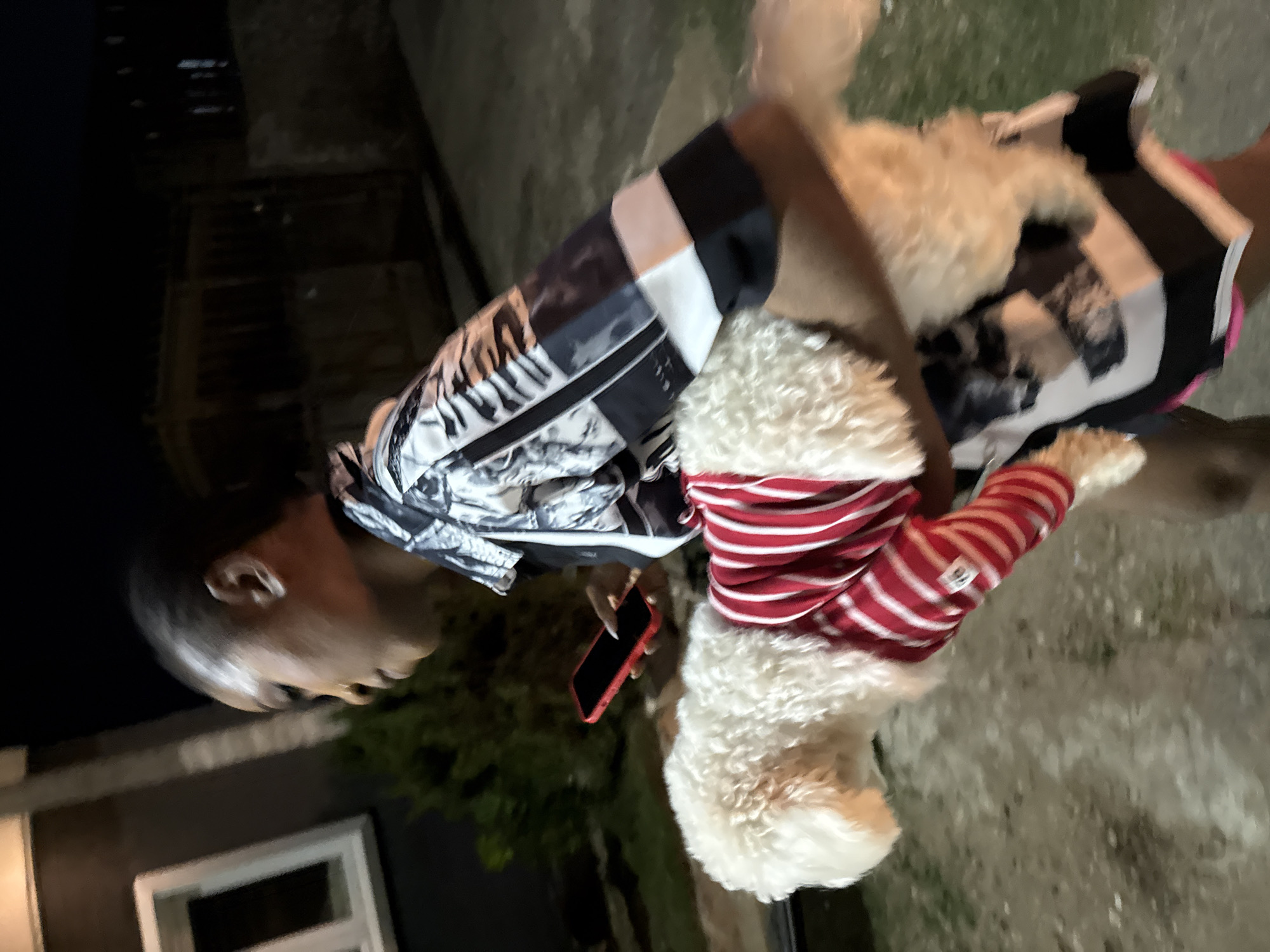 A person is walking outdoors at night in Abuja, Nigeria, holding a small white dog. The person is wearing a patterned shirt and pink shorts, and is holding a red smartphone in their left hand. The dog is wearing a red and white striped shirt. The background is dark and out of focus, but appears to be a residential area with a building and vegetation visible. The lighting suggests artificial illumination from streetlights or a building.
