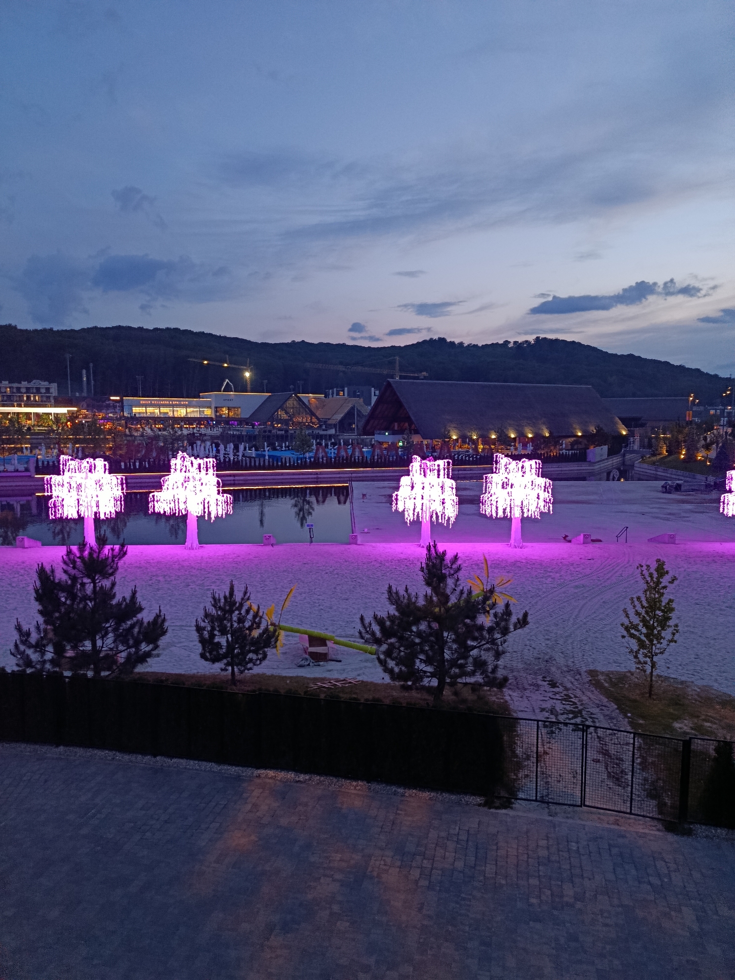 This image captures an outdoor scene at dusk or early night, located at the Emily Resort in Vynnyky, Ukraine. The sky is a deep blue-grey with scattered, wispy clouds. In the distant background, dark, tree-covered hills are visible, with several construction cranes active on their slopes.
The midground features a complex of modern buildings situated beyond a calm body of water. Prominently displayed is a brightly lit building with signage identifying it as "EMILY WELLNESS & SPA GYM" and "SPORT." To its right, a large structure with a distinctive thatched roof and warmly lit eaves stands, likely a restaurant or leisure facility. Along the edge of the water, a sandy beach area is illuminated by numerous artificial trees glowing with a vibrant pink light. These decorative trees are arranged in rows, and reflections of the lights are visible on the water's surface. White, possibly covered, beach chairs are arranged on a platform beside the water in front of the thatched-roof building. Tire tracks are visible across the sand on the right side of the beach.
In the foreground, a dark, paved area composed of interlocking pavers occupies the bottom of the frame. This paved surface is bordered by a dark, manicured hedge. Between the hedge and the sandy beach, several evergreen trees and one smaller deciduous tree are planted. A dark metal fence with a gate provides access from the paved area to the sandy expanse on the right side of the foreground. No people are visible in the scene.
