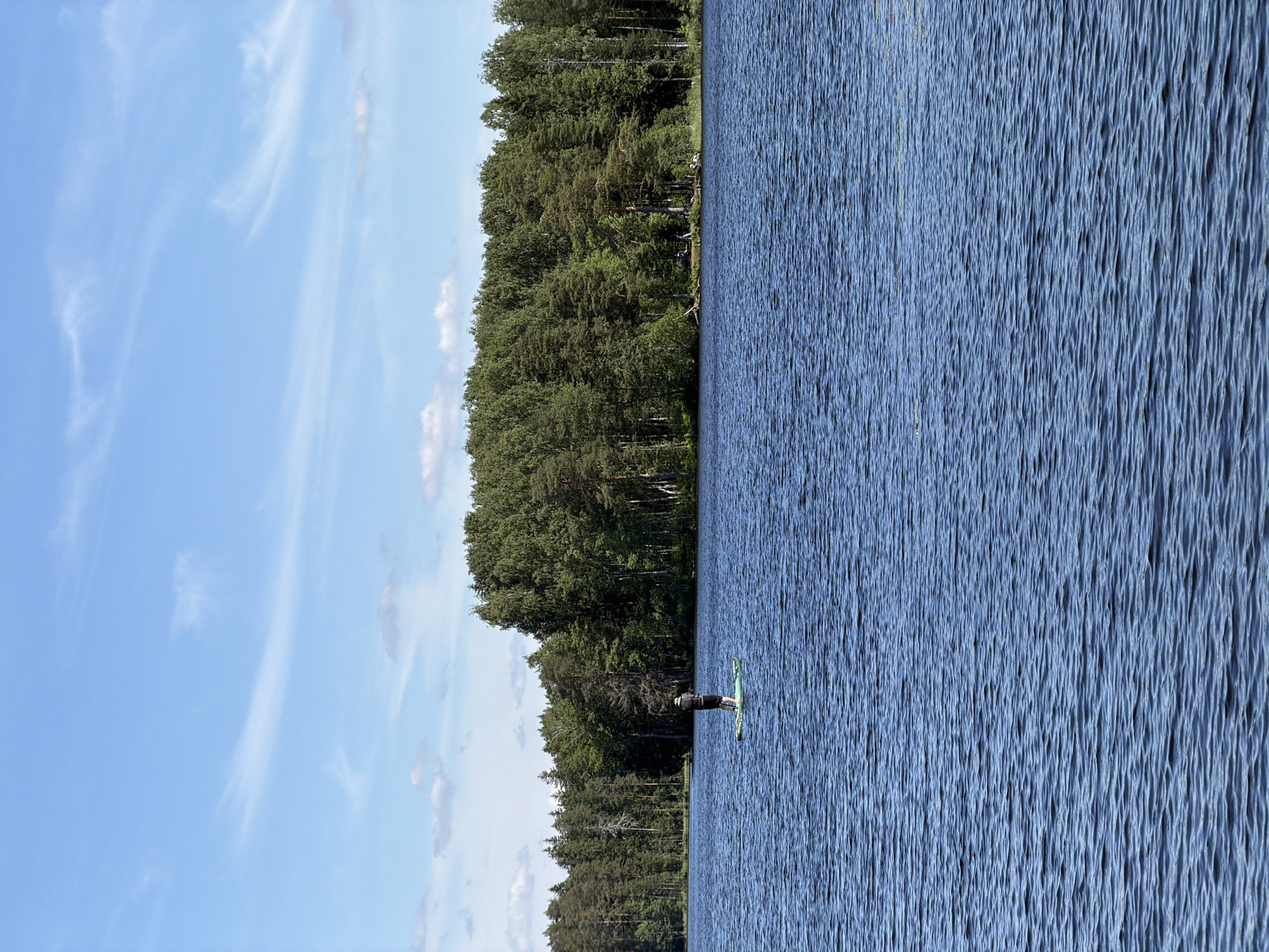 A person is stand-up paddleboarding on a large body of water. The person is wearing a dark shirt and shorts, and is facing away from the camera. They are on a green paddleboard. The water is blue with small waves. In the background, there is a dense forest of green trees. The sky is blue with some wispy white clouds. The location is the Komarovo coast, Russia.