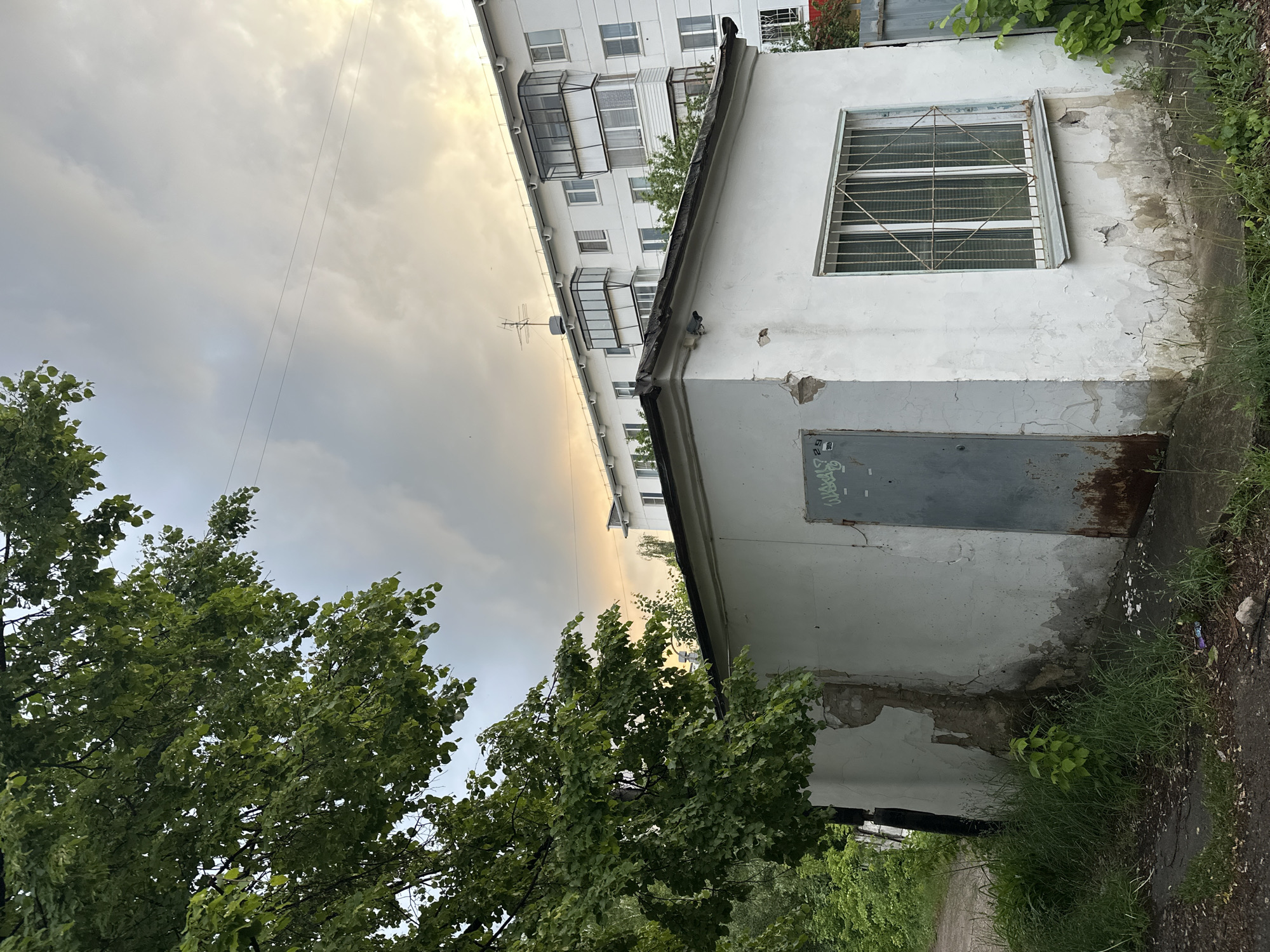 The image captures a static urban scene in Chaikovsky, Russia, featuring two buildings of contrasting scales and states of repair, beneath an overcast sky. In the background, a white, multi-story apartment building with numerous windows and enclosed balconies extends horizontally across the frame. An antenna is visible on its roof.
In the mid-ground and foreground, to the right, stands a smaller, single-story white building, showing significant signs of wear with peeling paint, crumbling plaster, and exposed concrete. It has a security-barred window on its right side and a dark, weathered metal door with barely legible graffiti on its left. Faint markings, possibly "29," are visible on the wall near the door.
Lush green trees with dense foliage dominate the left and central areas of the image, partially obscuring the structures. The sky is largely overcast with light gray clouds, though brighter patches suggest diffused sunlight, indicating a cloudy day, possibly late afternoon or early evening. Thin power lines traverse the sky. The ground around the smaller building is overgrown with grass and weeds, and a narrow, unpaved path is visible on the far right. No people or specific activities are present, contributing to a quiet, somewhat neglected atmosphere.