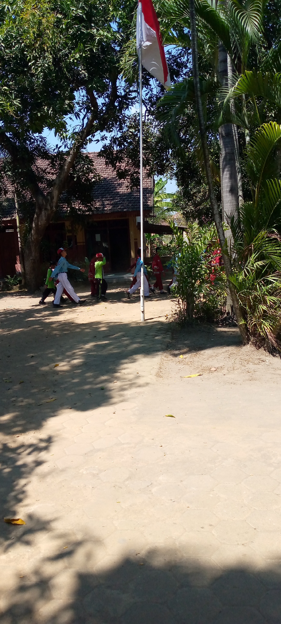 The image depicts an outdoor scene in Pacing, Indonesia, likely a schoolyard, where a group of children in uniform are gathered around a flagpole. The children are wearing light blue shirts, white pants, and red hats, suggesting they are participating in a school activity such as flag raising or a ceremony. Some of the children are in motion, with one child on the left appearing to be marching. A flagpole with the Indonesian flag is prominently placed in the center of the image. Behind the children, a building with a tiled roof is visible, surrounded by lush green trees and foliage. The ground is a mixture of sandy dirt and paved sections with a hexagonal pattern. The lighting suggests it is a sunny day, with shadows cast by the trees.