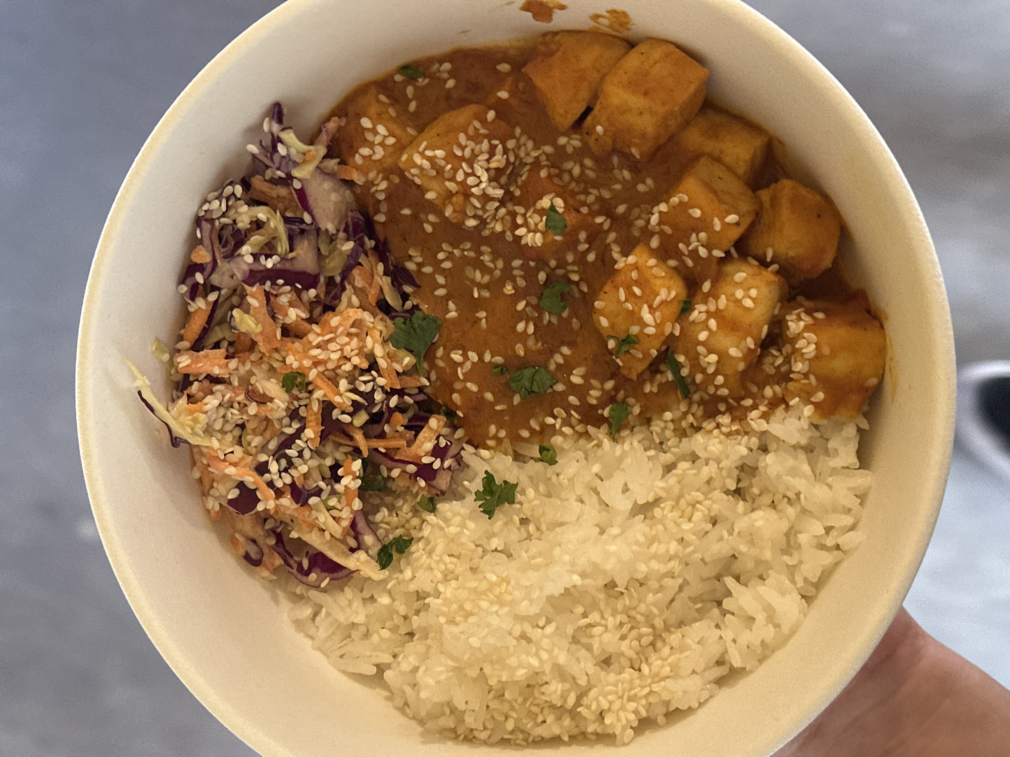 A top-down view depicts a white bowl containing a composed dish. The dish is divided into three sections: rice, cubed tofu in a sauce, and a side of coleslaw. All three parts are garnished with sesame seeds. The bowl is held in a hand. The location is unknown. The city of Novi Sad, Serbia is unknown.