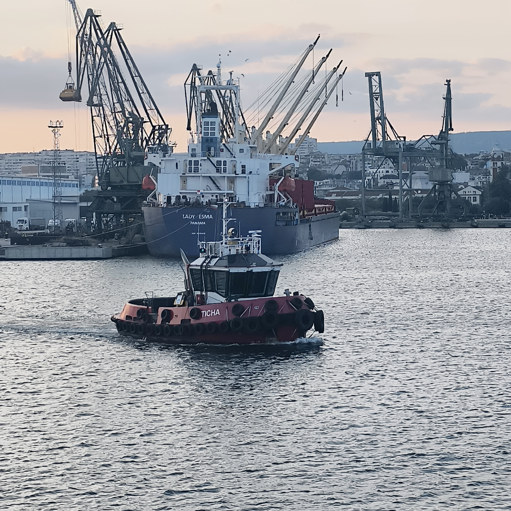 A red and white tugboat named "TICHA" is in the foreground, navigating through the water of Varna Bay, Bulgaria. In the background, a large cargo ship, the "LADY ESMA" (flagged from Panama), is docked alongside cranes and port infrastructure. The scene depicts a busy industrial port with multiple cranes visible, indicating cargo operations. The sky is overcast with soft, diffused light, suggesting either early morning or late afternoon. The water is choppy, reflecting the surrounding industrial elements and the sky. The overall impression is one of maritime activity within a commercial port.
