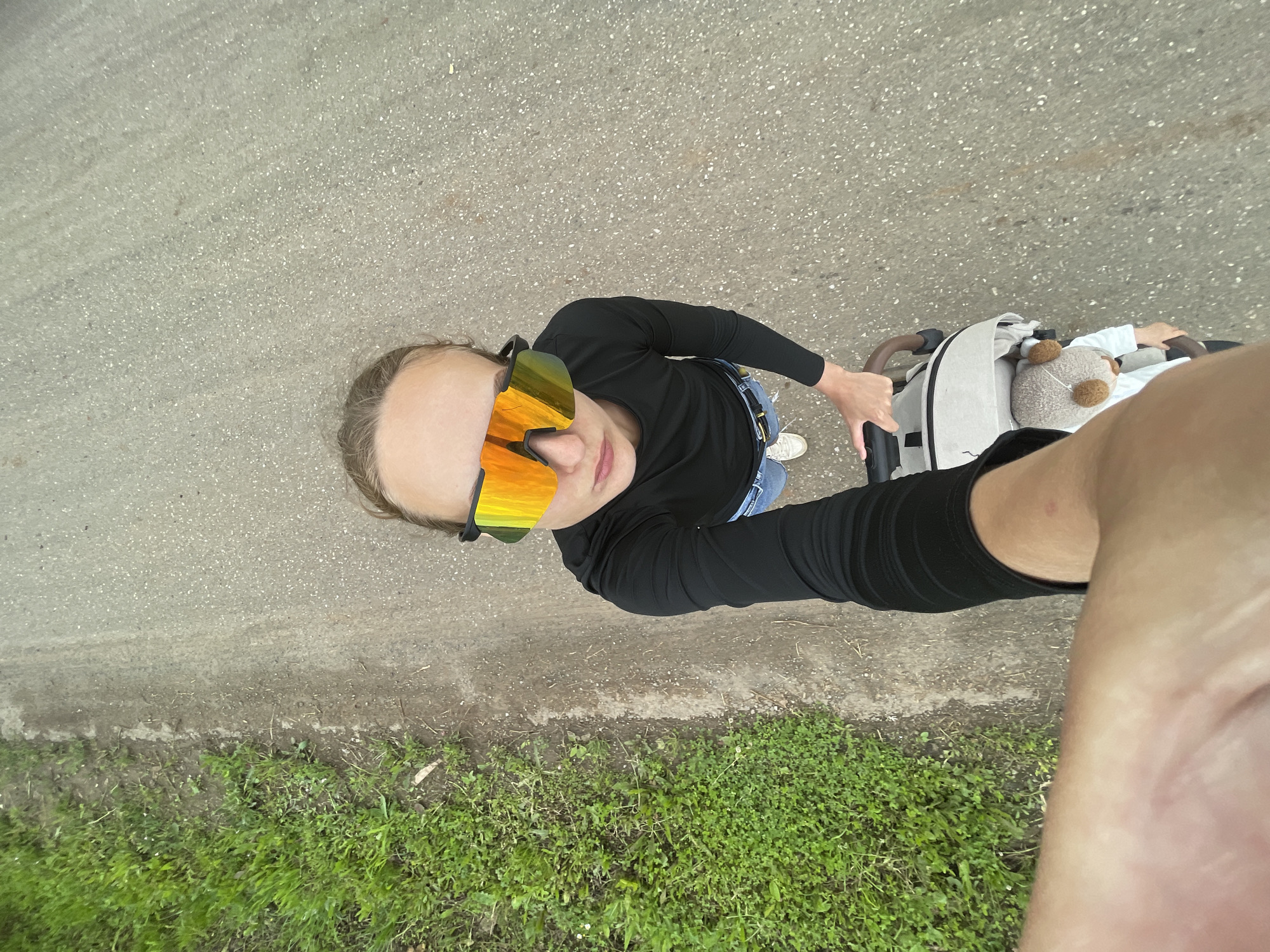 A first-person perspective shot shows a person pushing a stroller on a paved road with a grassy shoulder. The person is wearing large, reflective orange and yellow sunglasses, a black long-sleeved shirt, and denim shorts. Their left arm is extended forward, holding the stroller handle. Inside the stroller, a plush toy with brown ears and light-colored fur is visible. The environment appears to be rural, with green grass lining the right side of the road, suggesting a location outside of a dense urban area.
