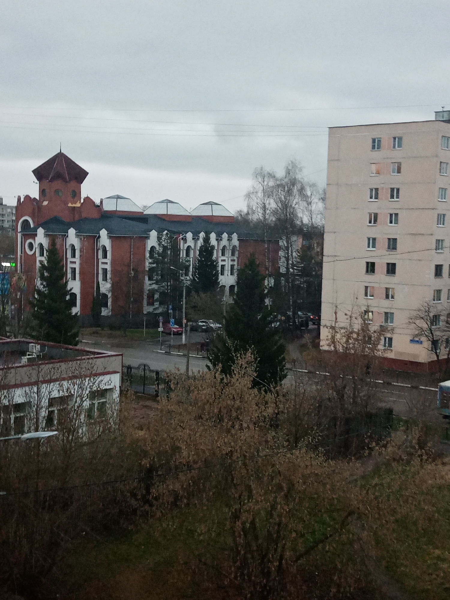 The image depicts a cloudy cityscape in Elektrostal, Russia. In the background, a large, multi-story brick building with white architectural details and a distinctive tower with a red roof is visible. Adjacent to this is a taller, beige apartment building with multiple rows of windows. A street with vehicles is situated between the buildings. In the foreground, there is a lower white building with a brown roof and a dense collection of trees and bushes in the middle ground. Power lines stretch across the sky. The scene suggests an overcast day in an urban residential area.