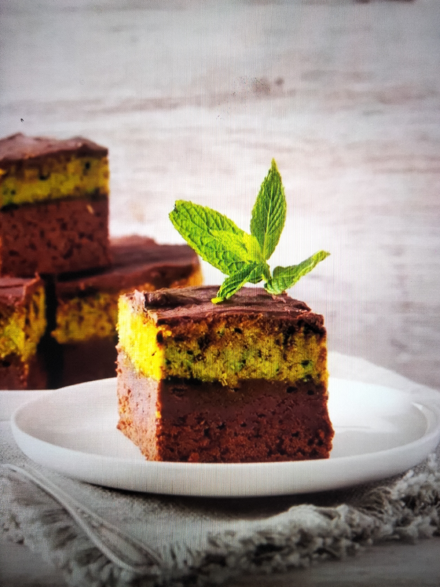 A close-up, eye-level shot shows a decadent chocolate cake with a vibrant green layer and a mint sprig on top. The cake is cut into several rectangular slices, with one prominent slice centered on a white plate. The plate rests on a textured gray cloth, which in turn is on a light-colored, possibly wooden, surface. In the background, out of focus, are more slices of the same cake. The lighting is soft, highlighting the textures and colors of the dessert. The scene evokes a sense of indulgence and freshness, with the mint adding a touch of contrast. The image does not depict any specific urban or natural landscape, nor any identifiable landmarks, and therefore cannot be placed in a specific geographical location such as Payagaboh, Indonesia.