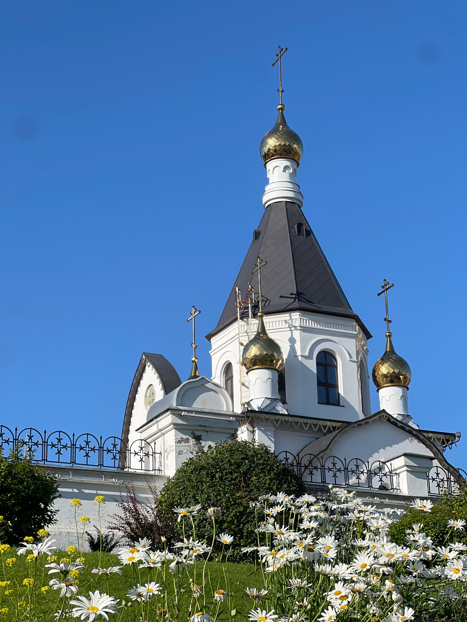 The image shows the Holy Trinity Cathedral in Krasnoyarsk, Russia. The cathedral is a white building with a black roof and golden domes. In the foreground, there is a field of white daisies and yellow flowers. The sky is clear and blue. There are no people visible in the image. The cathedral appears to be situated on a slight incline, with a decorative black metal fence running along the perimeter of the grounds. The architecture is distinct with multiple onion domes topped with crosses.