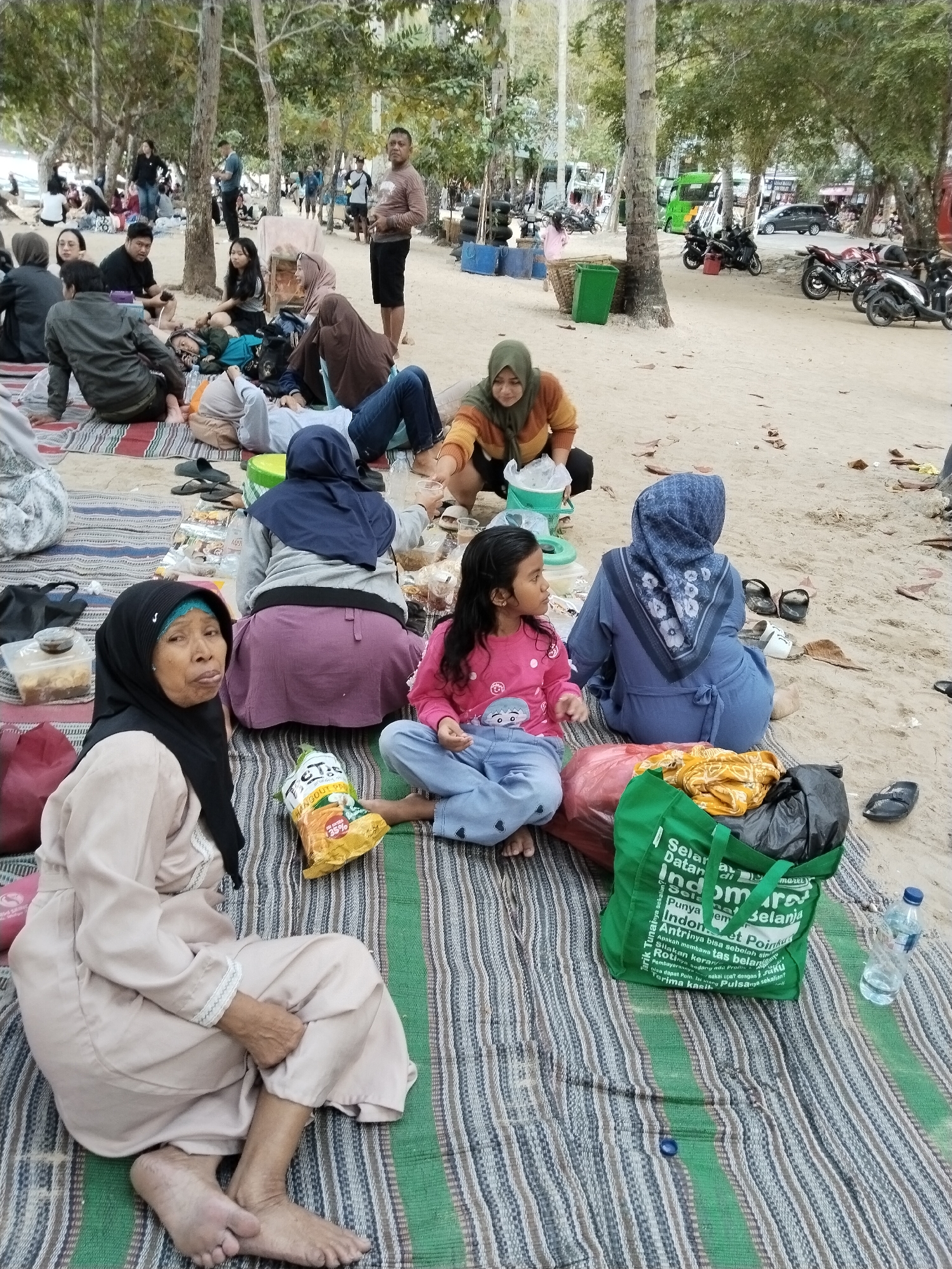 The image captures a scene on a beach in Prigi, Indonesia, where a group of people are gathered, seemingly for a picnic or outing. The foreground is dominated by a striped mat laid out on the sand, with several individuals seated or reclining on it.
In the left foreground, an elderly woman wearing a black hijab and a light-colored outfit is seated, looking towards the camera with a slight pout. Next to her is a bag of snacks. To her right, a young girl in a pink long-sleeved shirt and light blue pants is also seated, her attention directed away from the camera. Behind the girl, a woman in a blue hijab and matching blue garment is sitting with her back to the camera.
Further back, other individuals are visible, some lying down on mats, while others are seated. Among them are people wearing hijabs and casual clothing. Various objects are scattered around, including bags, food containers, a green reusable shopping bag, and a bottle of water. The background shows a treeline typical of a coastal area, with palm trees and other foliage. In the distance, vehicles including motorcycles, a green van, and a car are parked, suggesting the presence of a road or parking area near the beach. The overall atmosphere appears relaxed and informal, indicative of a day spent outdoors.