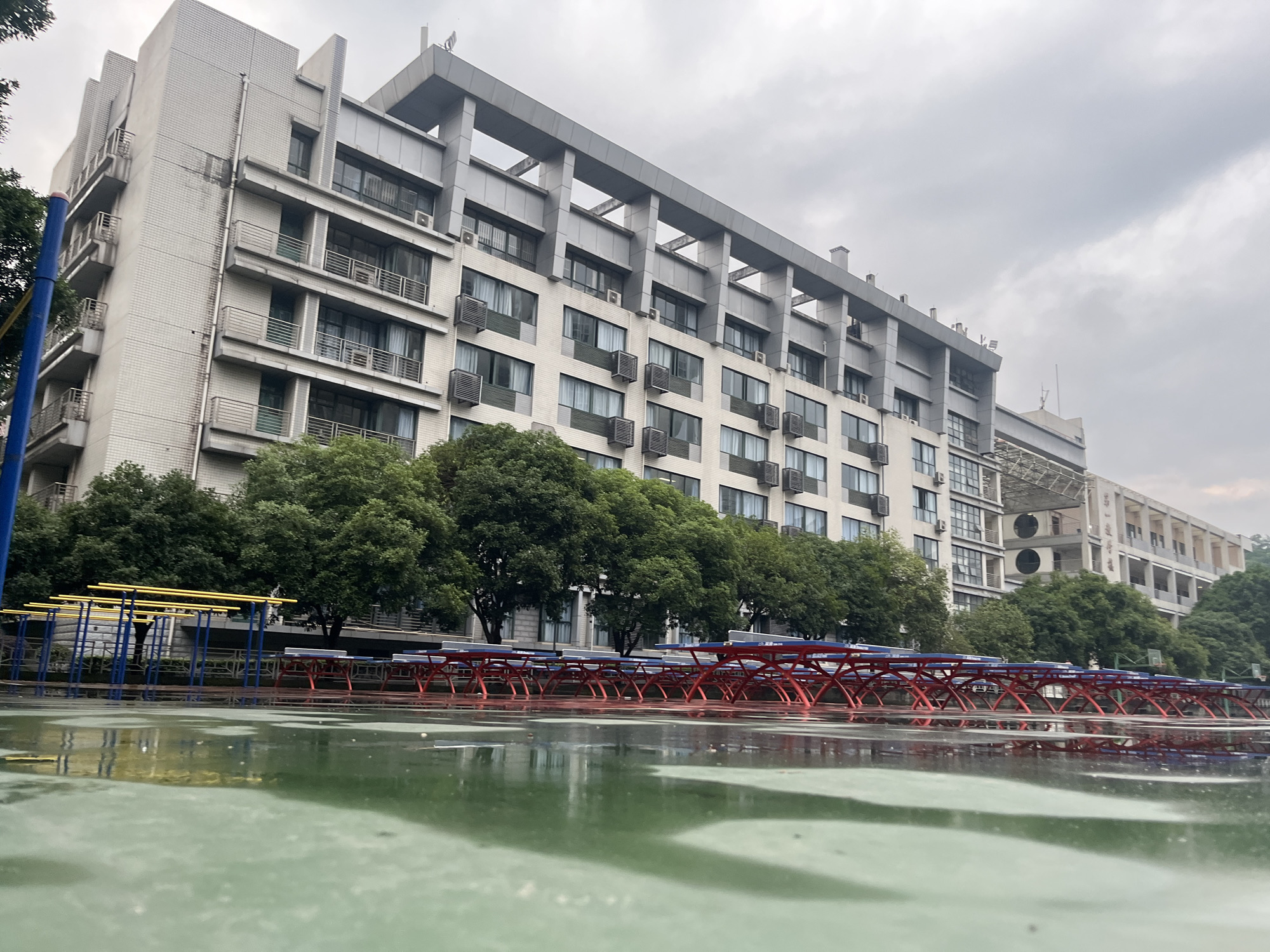The image depicts an outdoor scene in Yuzhong District, China, under an overcast sky, with evidence of recent rainfall. The foreground features a wet, green, reflective paved surface, likely a sports court.
In the mid-ground, to the left, are several blue-framed structures with yellow horizontal bars, resembling parallel bars or gymnastics equipment, arranged in a row. To their right, a long line of approximately fifteen outdoor table tennis tables with red metal bases and blue playing surfaces are visible, also appearing wet. A dense line of deciduous trees with green foliage separates these ground-level structures from the buildings behind.
In the background, a large, multi-story building dominates the left and center. It features a light-colored, possibly tiled, facade with numerous rectangular windows. Multiple external air conditioning units are mounted below or beside these windows. The left side of the building includes balconies with metal railings. The upper section of this building is characterized by a distinctive gray structural element composed of open beams and columns. Further to the right, a secondary multi-story building with a lighter facade and multiple open archways or balconies is partially visible.
No people are present in the scene, and no actions or interactions are depicted. The sky is uniformly light gray and cloudy.