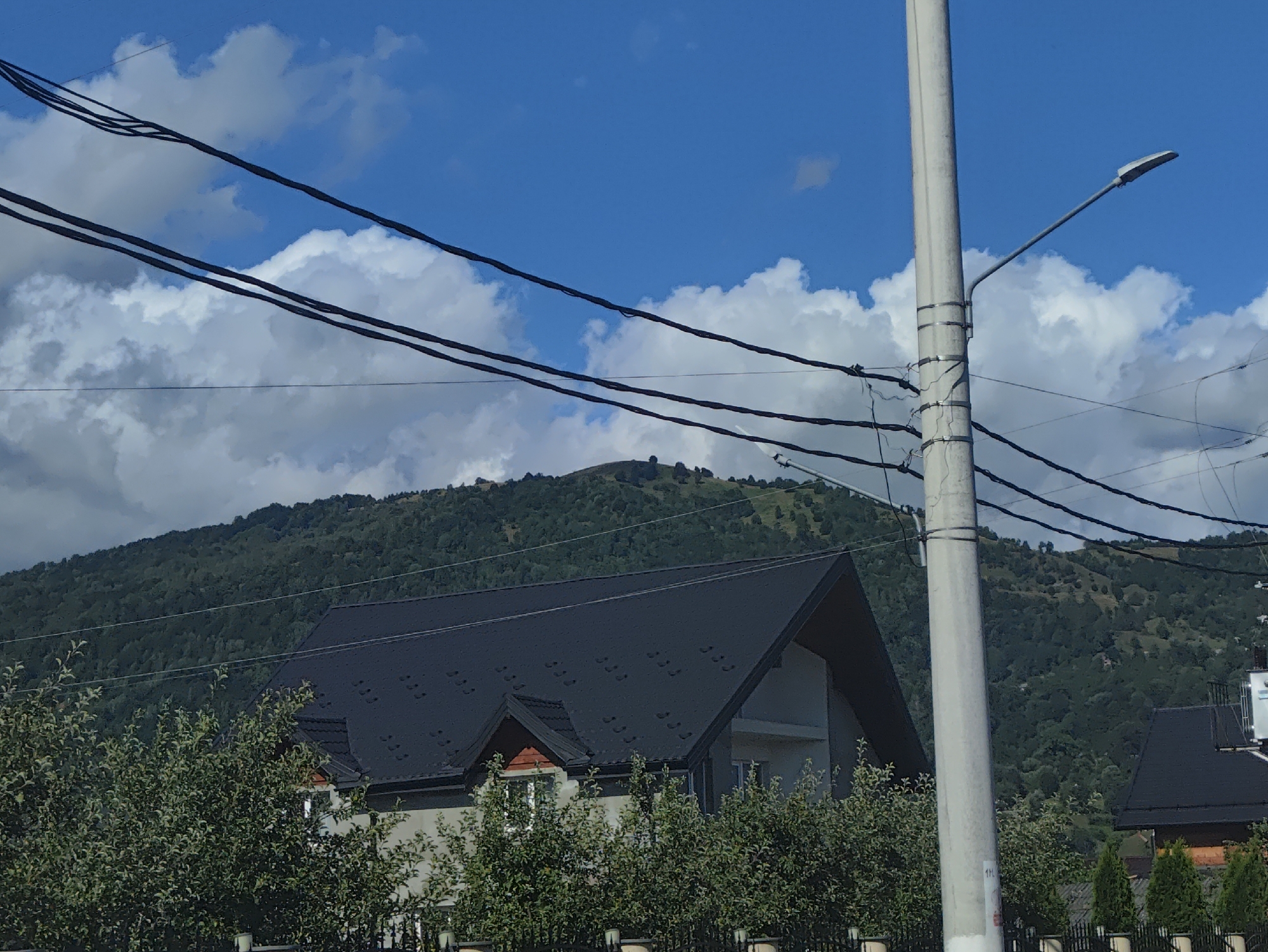 The image captures a view of a residential area in Petrova, Romania, under a bright blue sky with scattered white clouds. In the foreground, several dark power lines stretch across the frame. A tall, light-colored utility pole with a street lamp is positioned on the right side. Behind these, a dark-tiled roof of a house is prominent, with some trees and shrubbery partially obscuring it. Further in the background, a lush green, tree-covered mountain rises, its slopes dotted with more trees. The overall scene depicts a somewhat rural setting within a city.