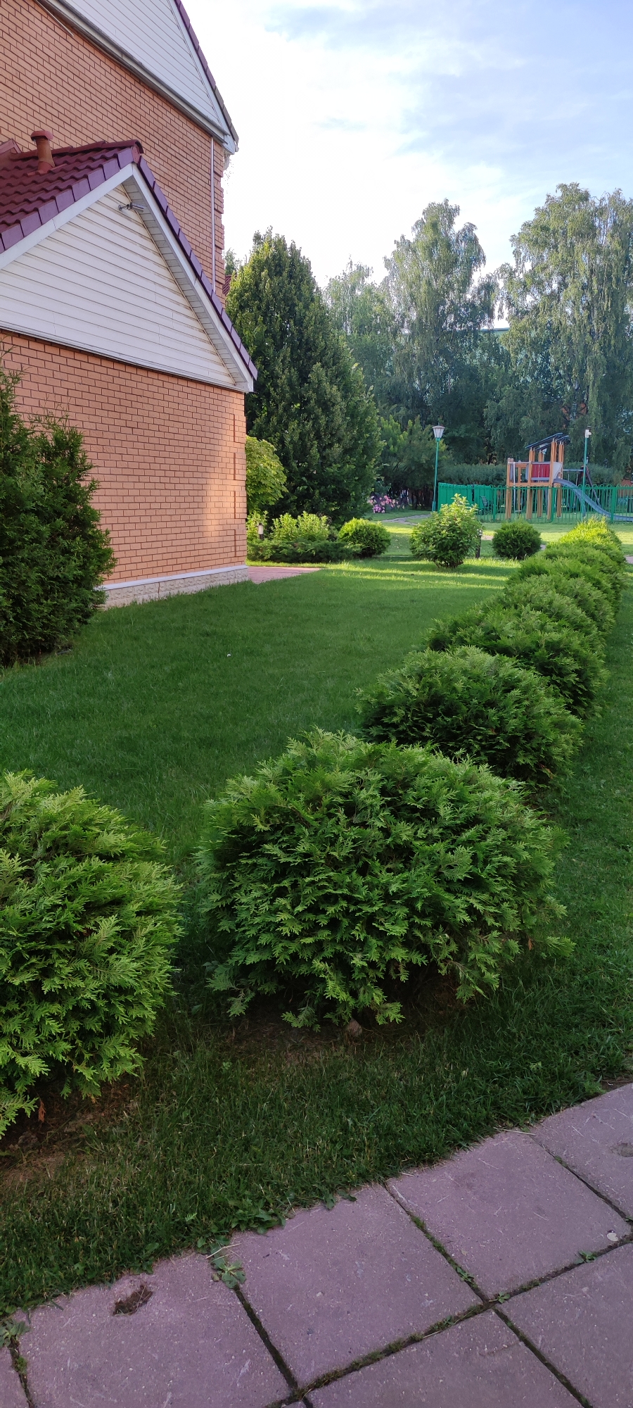 This is an outdoor, eye-level, vertical, medium shot photograph taken in a residential area. The image depicts a neatly manicured lawn with a row of symmetrically trimmed evergreen bushes, suggesting a focus on landscaping. The bushes lead the eye towards a playground visible in the background, hinting at a community or family-oriented setting.
On the left side of the frame, a brick building with a red tiled roof and white siding is partially visible. This building appears to be a house or a community facility. The playground equipment, including a slide and climbing structure, is fenced in green, further reinforcing the idea of a recreational space for children. Tall trees form a backdrop, suggesting a natural or semi-rural environment.
The time of day appears to be late afternoon or early evening, as indicated by the warm lighting and the angle of the shadows. The sky is a pale blue with scattered clouds, suggesting pleasant weather. There are no people visible in the image, contributing to a sense of calm and quiet. The location context of Rosinka, Russia, places the scene in a specific geographical area known for its green spaces and residential developments. There is no visible text in the image.