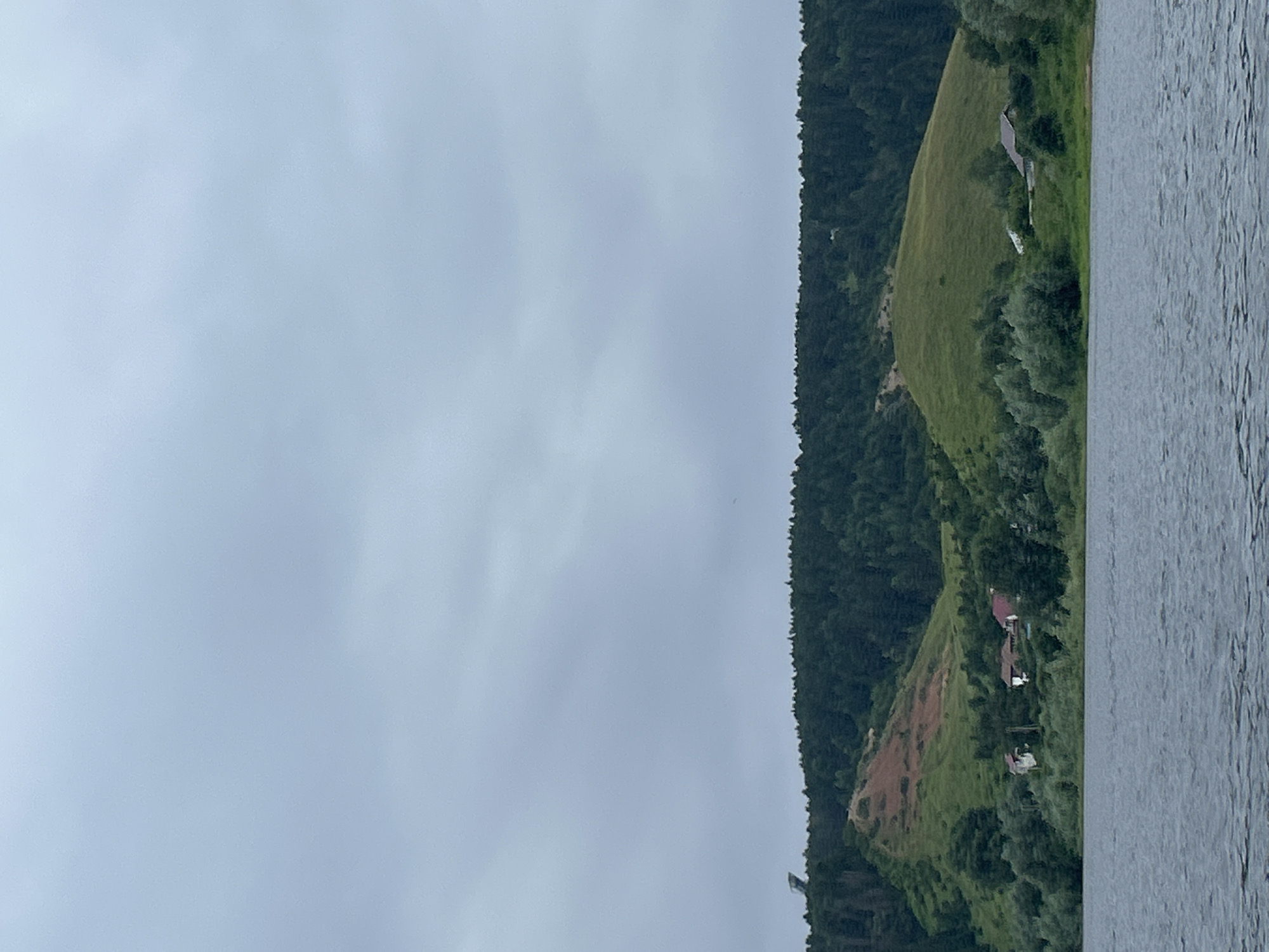 The image depicts a serene, overcast day along the banks of a body of water, likely a river given the context of Olkhovka, Russia. The scene is dominated by a lush, green hillside that rises steeply from the water's edge. The hillside is covered in dense trees, with a patch of lighter green grass on its upper slopes, suggesting a clearing or meadow. A few houses with red roofs are visible nestled amongst the trees on the hillside, indicating a rural settlement. The water in the foreground is a dull grey, reflecting the cloudy sky, and shows gentle ripples, suggesting a calm atmosphere. The sky itself is a uniform, light grey, devoid of any distinct clouds, implying either early morning or late afternoon light, or simply a consistently cloudy day. There is no discernible activity or event taking place; the image captures a still, natural landscape. The overall mood is peaceful and somewhat subdued, characteristic of a cloudy, tranquil day in a natural setting. No text is visible in the image.