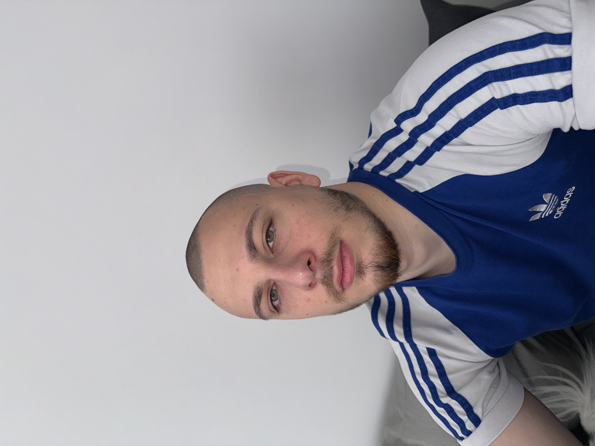 A young man with light skin, a shaved head, and a short beard is centered in the frame, wearing a blue and white Adidas shirt. The background is primarily a light gray wall on the left. The man appears to be indoors, possibly on a couch or bed, as suggested by the soft, furry texture visible on the right. The photo does not provide specific details to determine the location is in Stara Zagora, Bulgaria.