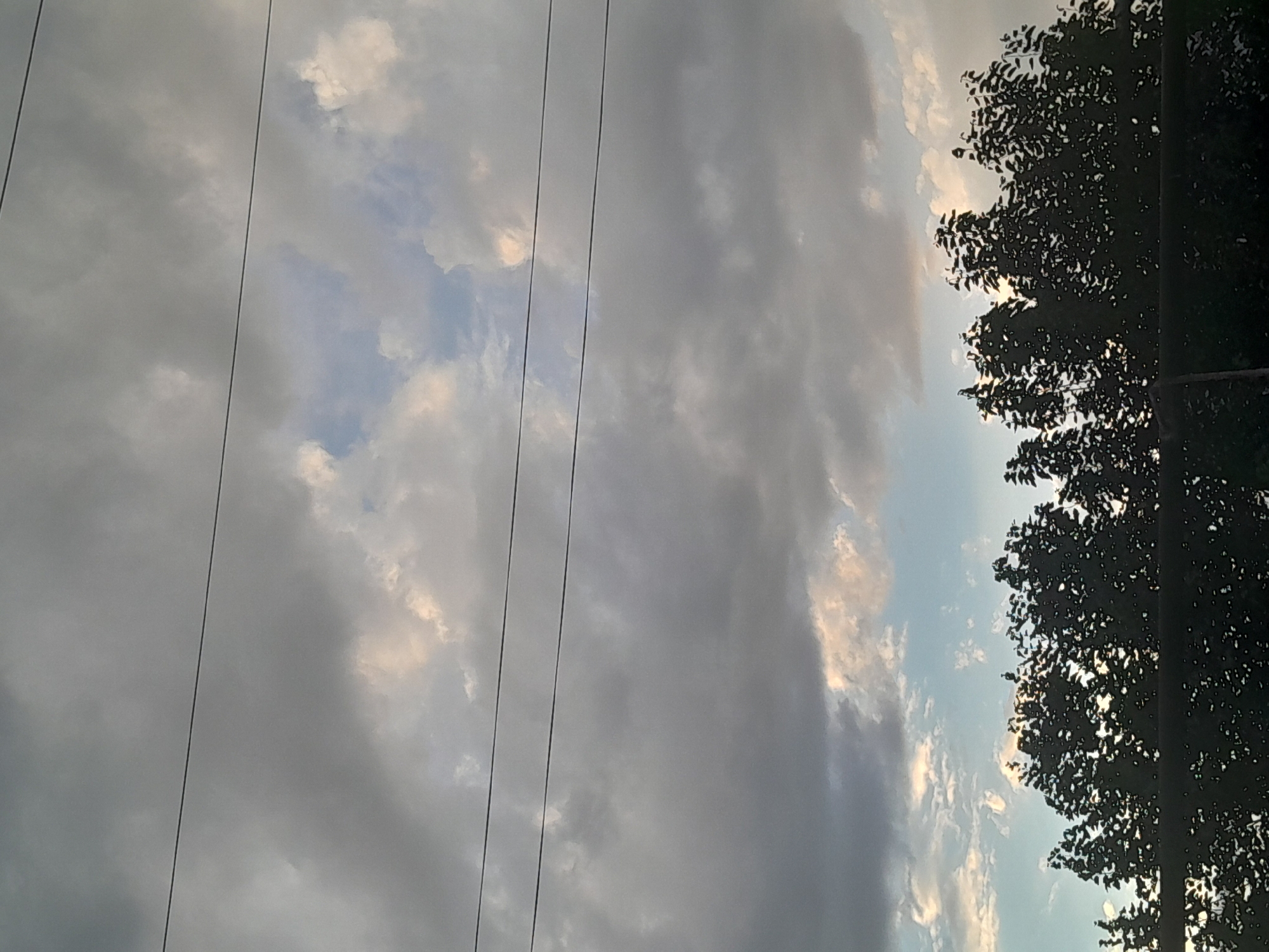 The image shows a silhouetted row of trees against a cloudy sky. Three horizontal power lines are visible in the upper portion of the image, crossing the sky. The sky is a mix of dark and light gray clouds, with patches of blue sky and some illuminated clouds suggesting a sunset or sunrise. The trees are dense and dark, with their foliage creating an intricate pattern against the sky. The location is not specified beyond "city of Unknown, Unknown."
