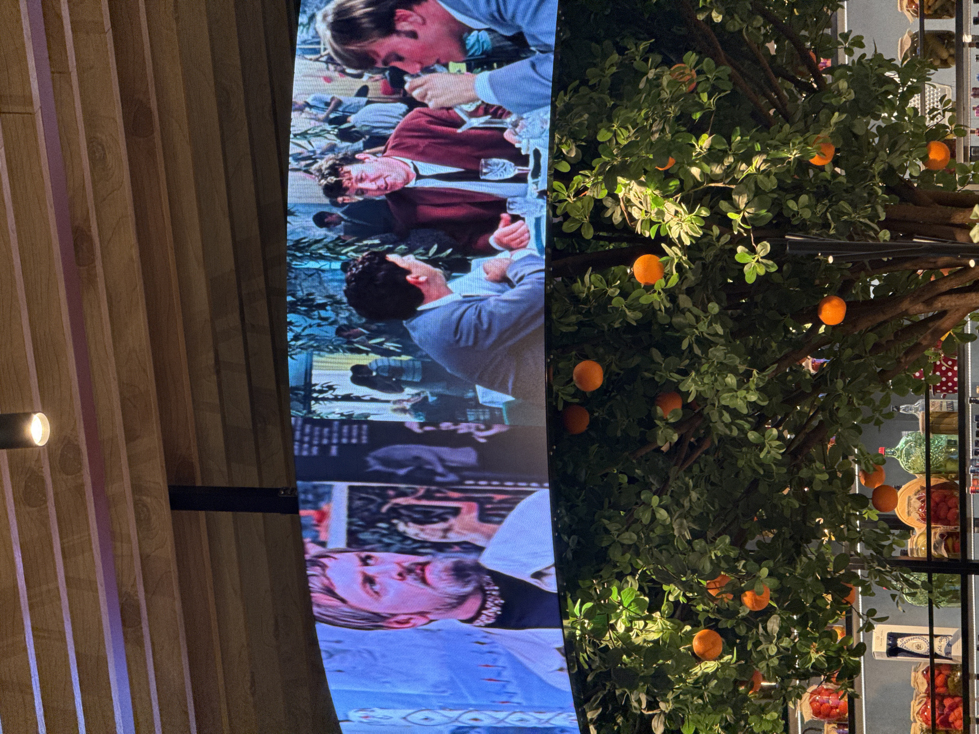 This media file captures an indoor setting, divided visually by a large vertical screen on the left and a decorative element on the right. The left portion of the image displays a tall, narrow screen showcasing scenes from what appears to be a film or television program. Within these displayed scenes, various people are visible, engaged in a social gathering. One man with dark, curly hair and a red cardigan smiles directly at the viewer, seated at a table with a wine glass. Another frame features a bearded man with a calm expression. The overall style of the on-screen content suggests a formal or period outdoor event.
Adjacent to the screen, on the right, stands an artificial tree adorned with abundant green leaves and numerous bright orange fruits, reminiscent of oranges or tangerines. The tree is artificially lit, casting highlights on its foliage and fruit. Behind the tree, shelves are visible, stocked with a variety of items such as clear glass bottles (some with green liquid), jars containing red contents (like preserved berries or tomatoes), and white boxes. A blue and white patterned container and a red and white polka-dotted surface are also discernible.
On the far left, a wall constructed from vertical wooden slats provides a background, featuring variations in color and light, some with a subtle pinkish hue. A small light fixture is mounted on this wooden wall. The arrangement implies an indoor commercial space, potentially a cafe, restaurant, or a retail area within a larger establishment. The lighting is artificial, so no specific time of day is indicated. No readable text is visible in the image. The location context is Ul'yanovka, Russia.