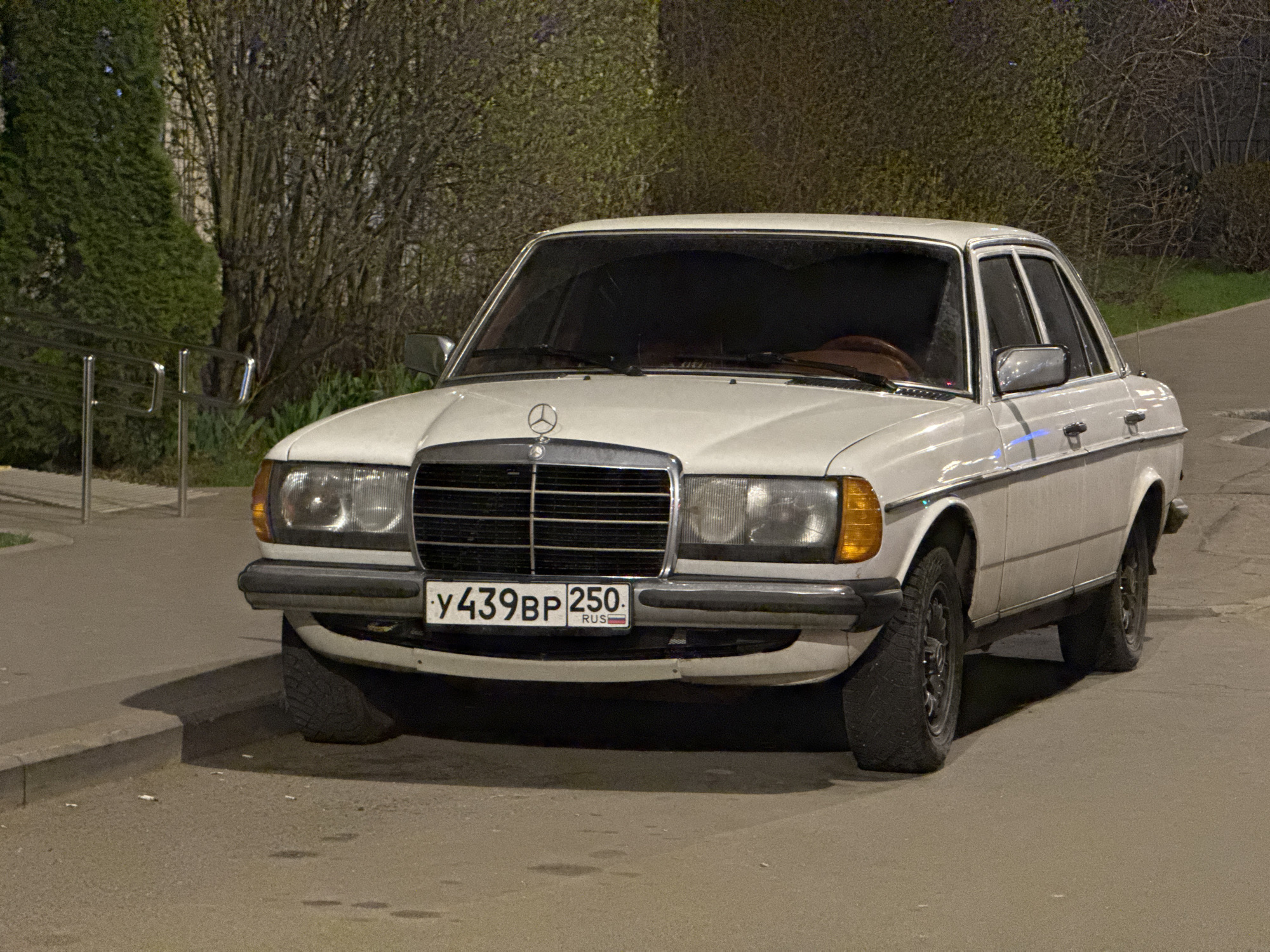 A white Mercedes-Benz sedan is parked on a city street. The car has a Russian license plate with the characters "У 439 ВР 250". The location is Moscow, Russia based on the license plate series 250 indicating the Moscow region. The background includes trees, bushes, and a metal railing, suggesting a park or residential area. The lighting is dim, indicating the time of day is either dusk or night.