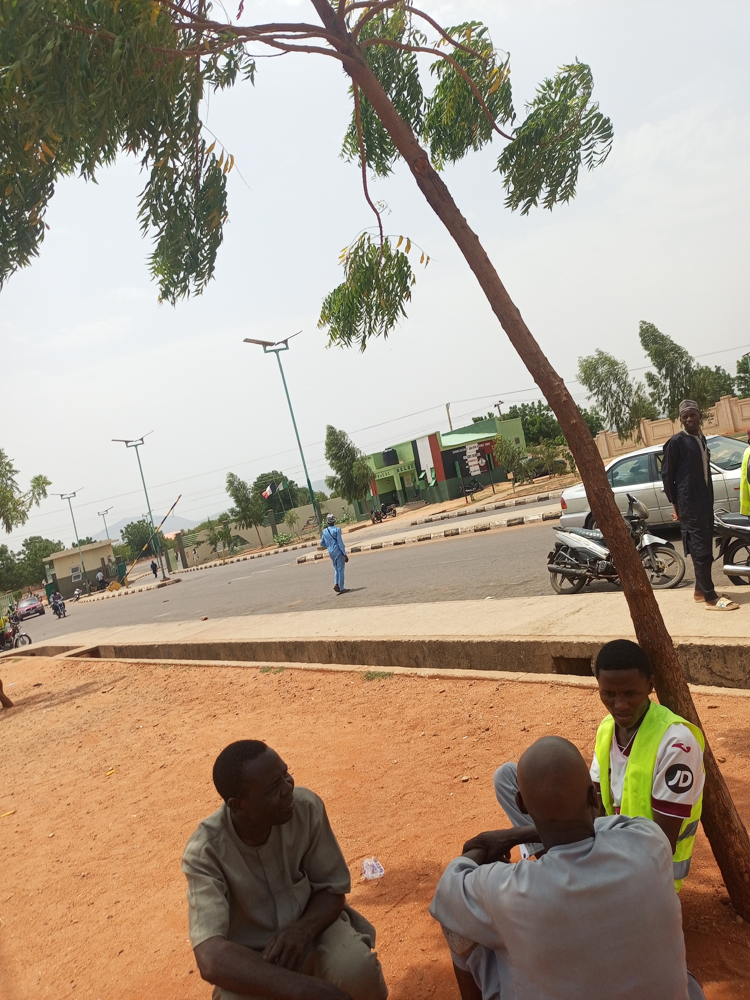 Three men are sitting on the ground under a tree in an urban area. One man wears a reflective vest. A road is in the background with vehicles and people. Buildings, street lights, and trees are visible beyond the road.