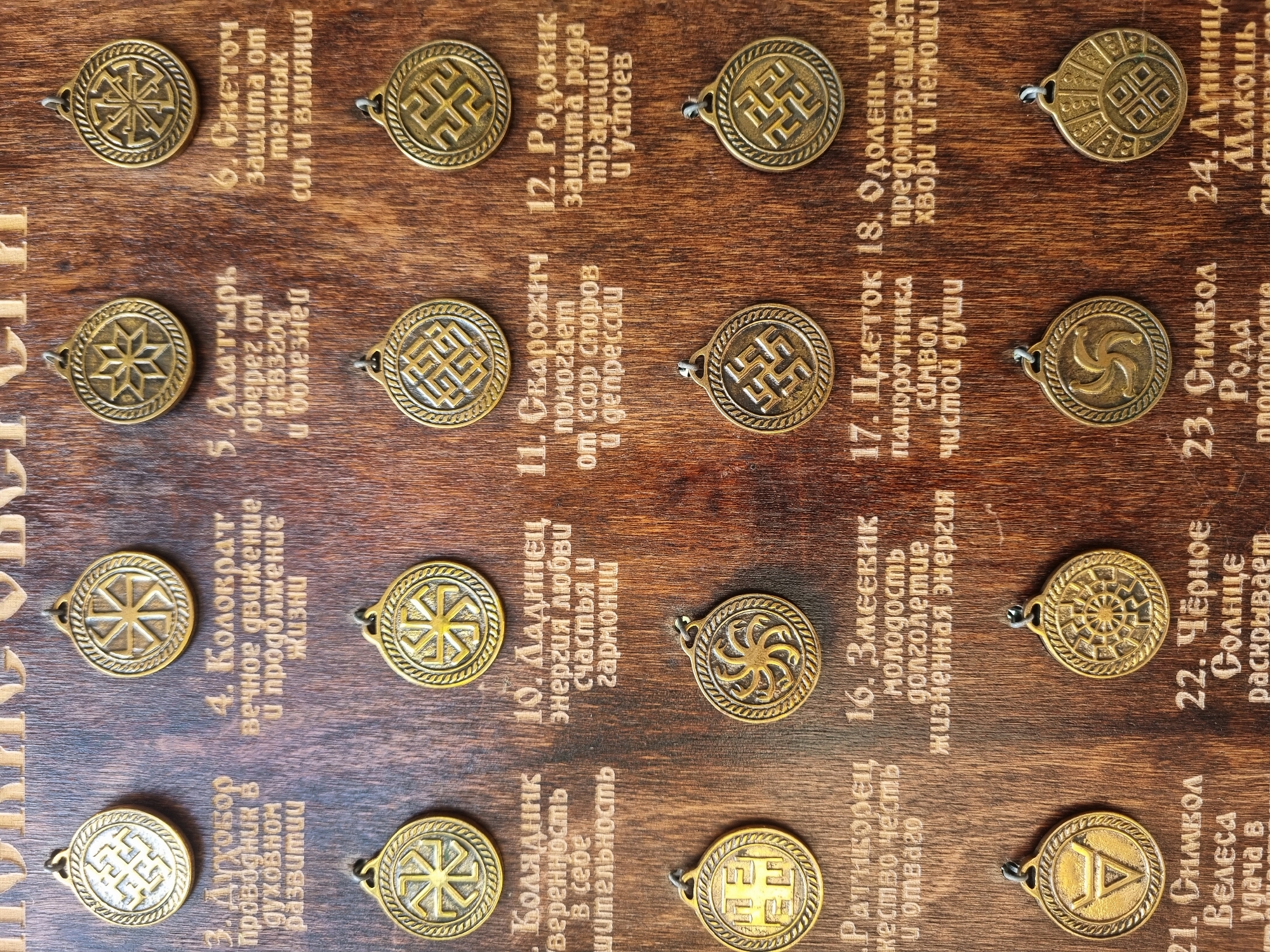 This image shows a wooden display board with 24 bronze medallions, each featuring a different Slavic symbol. The symbols are arranged in a 6x4 grid, and each medallion is accompanied by an inscription in Russian that explains the symbol's meaning or purpose. The background is a stained brown wood. The image contains no information regarding the location in Sochi, Russia.