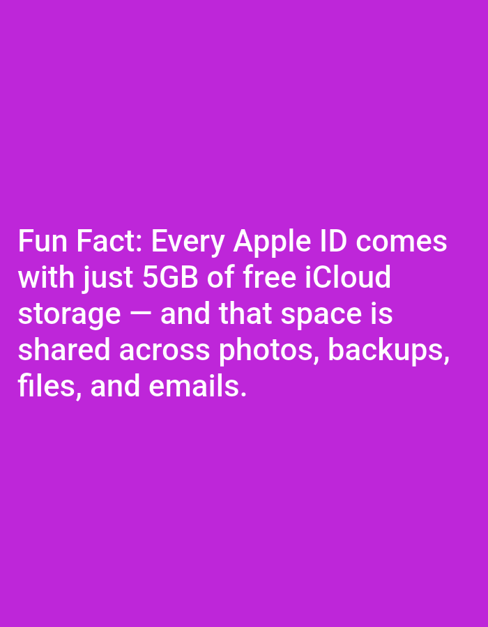 The image contains white text on a purple background. The text reads: "Fun Fact: Every Apple ID comes with just 5GB of free iCloud storage — and that space is shared across photos, backups, files, and emails." There are no discernible elements related to the city of Lagos, Nigeria.