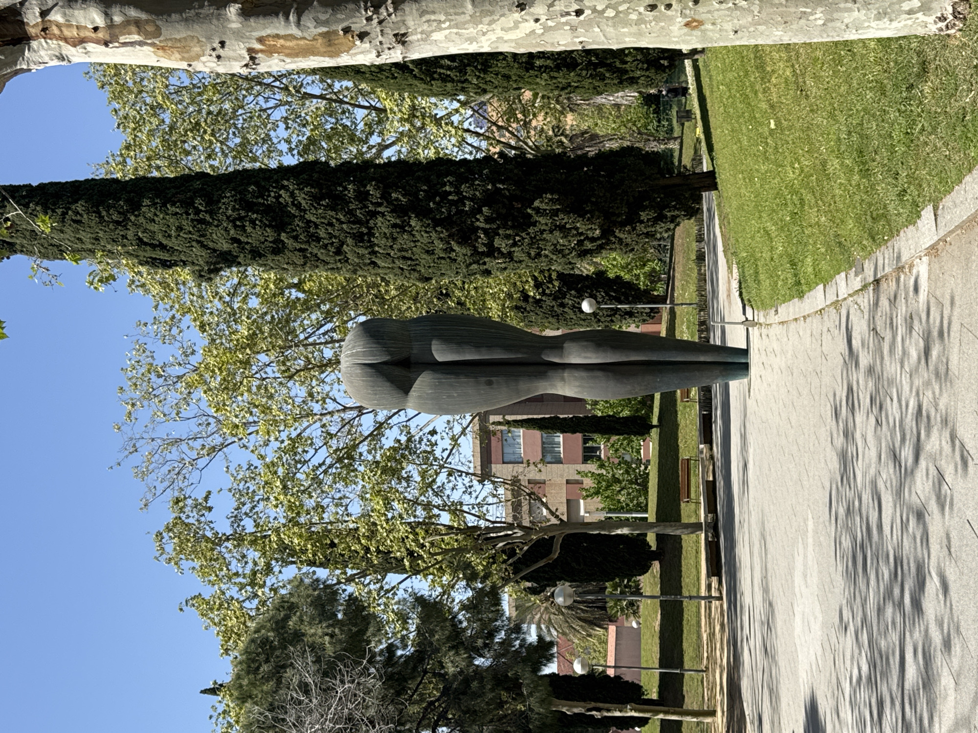 A view of the bronze "Eva" sculpture by German sculptor Wilhelm Lehmbruck, located in the Parc de la Ciutadella in Barcelona, Spain. The sculpture rests on a stone surface with grass to the right. Trees, including a tall, slender evergreen, and a building are visible in the background under a blue sky. Overhead, the limb of a large tree frames the top of the image. Street lamps line the path.