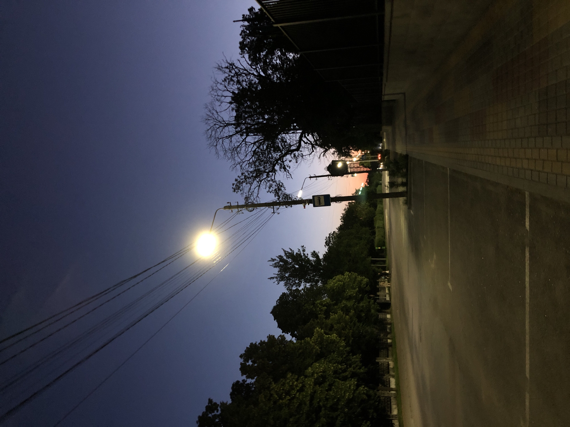 The image depicts a street scene at dusk in an unknown city. A street lamp illuminates the foreground, casting a bright light on the asphalt road and a paved sidewalk. Power lines stretch across the deep blue sky. On the left side of the road, a row of green trees borders a low fence. On the right, a tall, bare tree stands silhouetted against the twilight sky, next to a metal fence. Further down the street, a bus stop sign is visible on a pole. Two figures, appearing to be pedestrians, are walking on the sidewalk in the distance. The overall atmosphere is calm and quiet, characteristic of early evening in a suburban or urban environment.