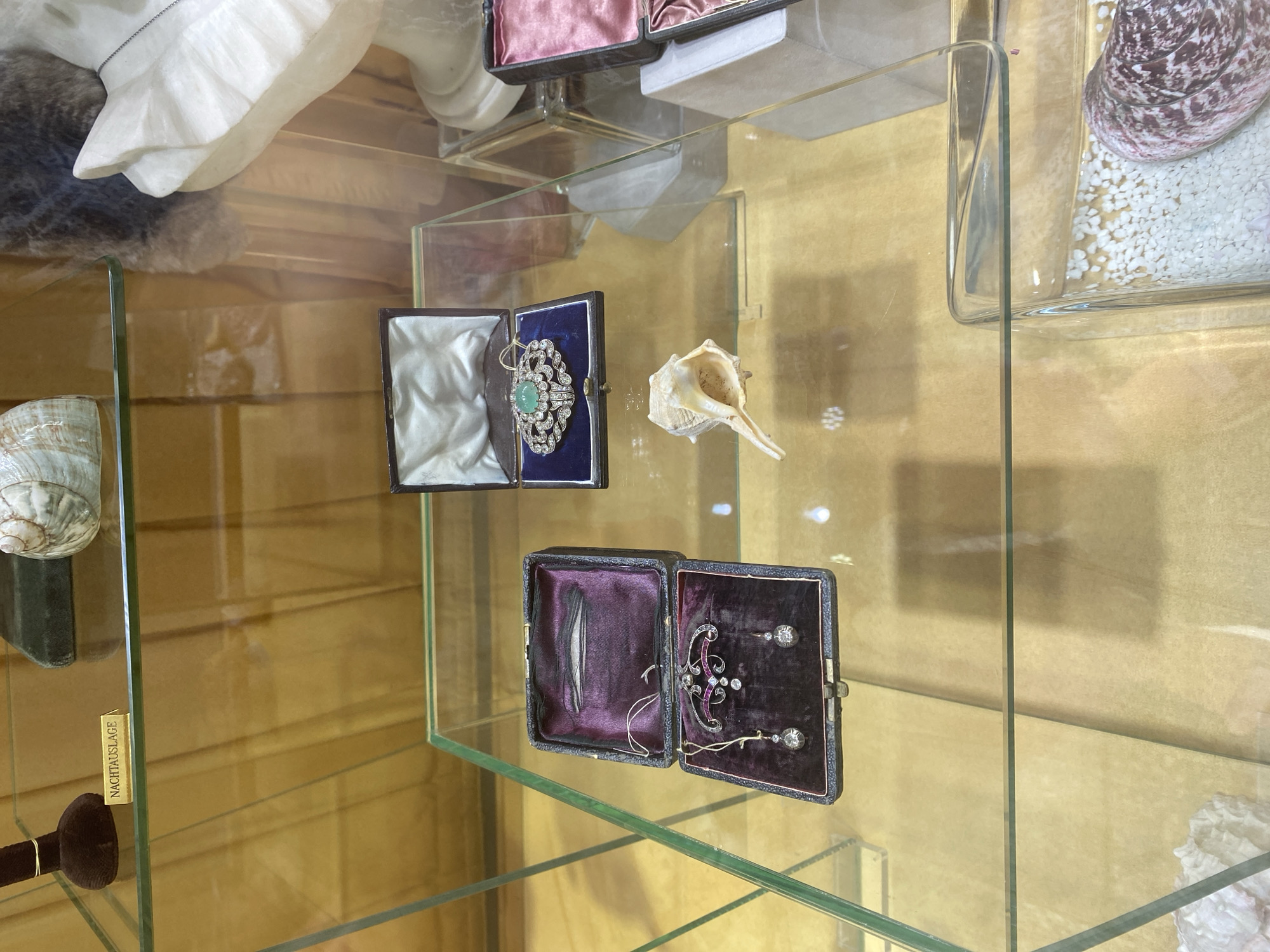 The image shows a display case at the Kunsthistorisches Museum in Vienna, Austria. The display case contains various historical jewelry pieces, including a brooch with an emerald and diamonds, and a pair of diamond earrings. There are also other items in the display, such as a conch shell and some artifacts from the museum's collection. The lighting in the display case is warm and highlights the intricate details of the jewelry.