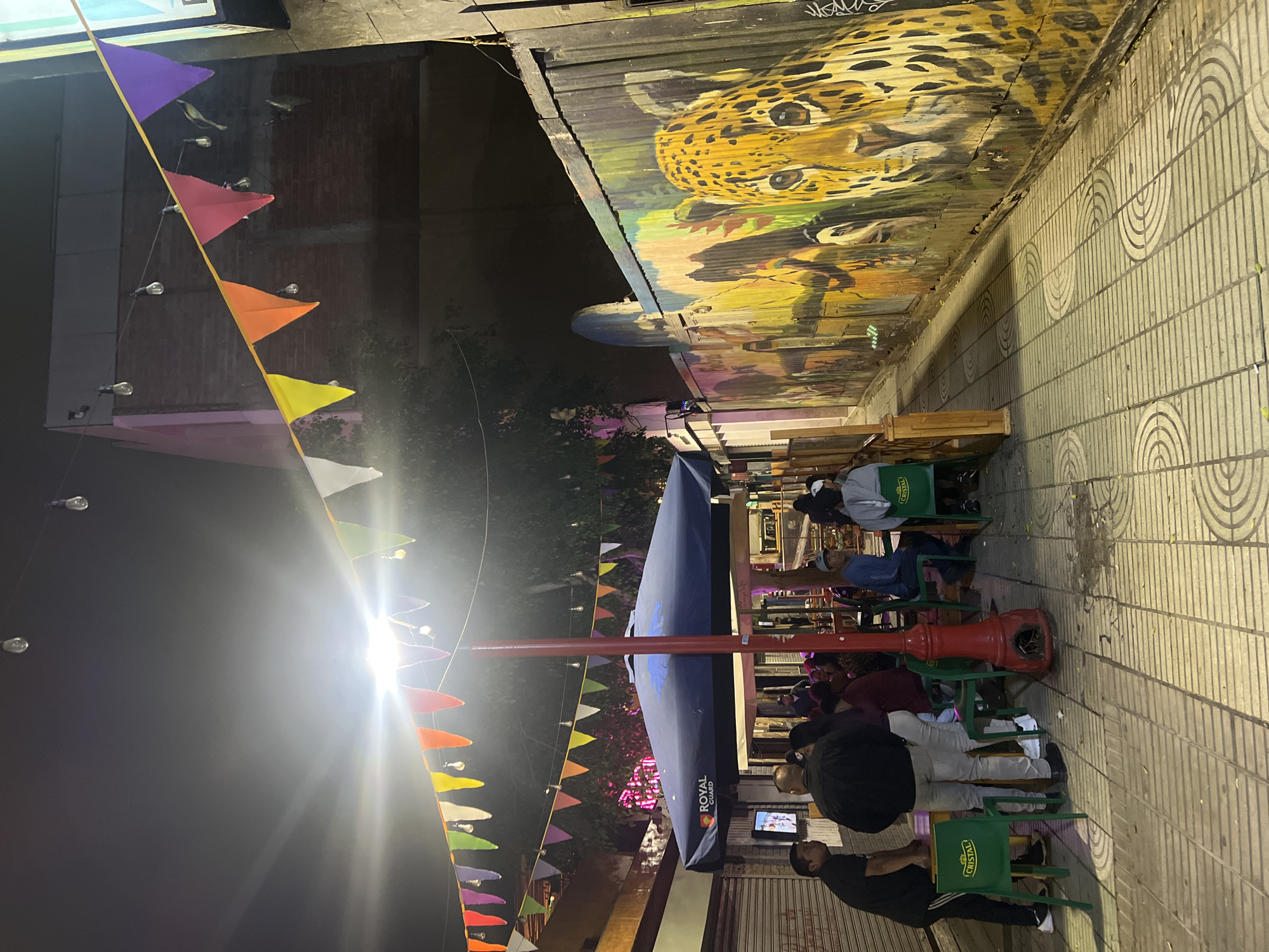The image depicts a street scene in Arica, Chile, at night. A row of people is seated on green chairs along a tiled sidewalk. A large blue umbrella, branded with "Royal Guard," covers a section of the seating. String lights with colorful triangular flags are suspended overhead. On the building's side, there is a large mural of a jaguar. A man wearing a mask is standing near a closed storefront.