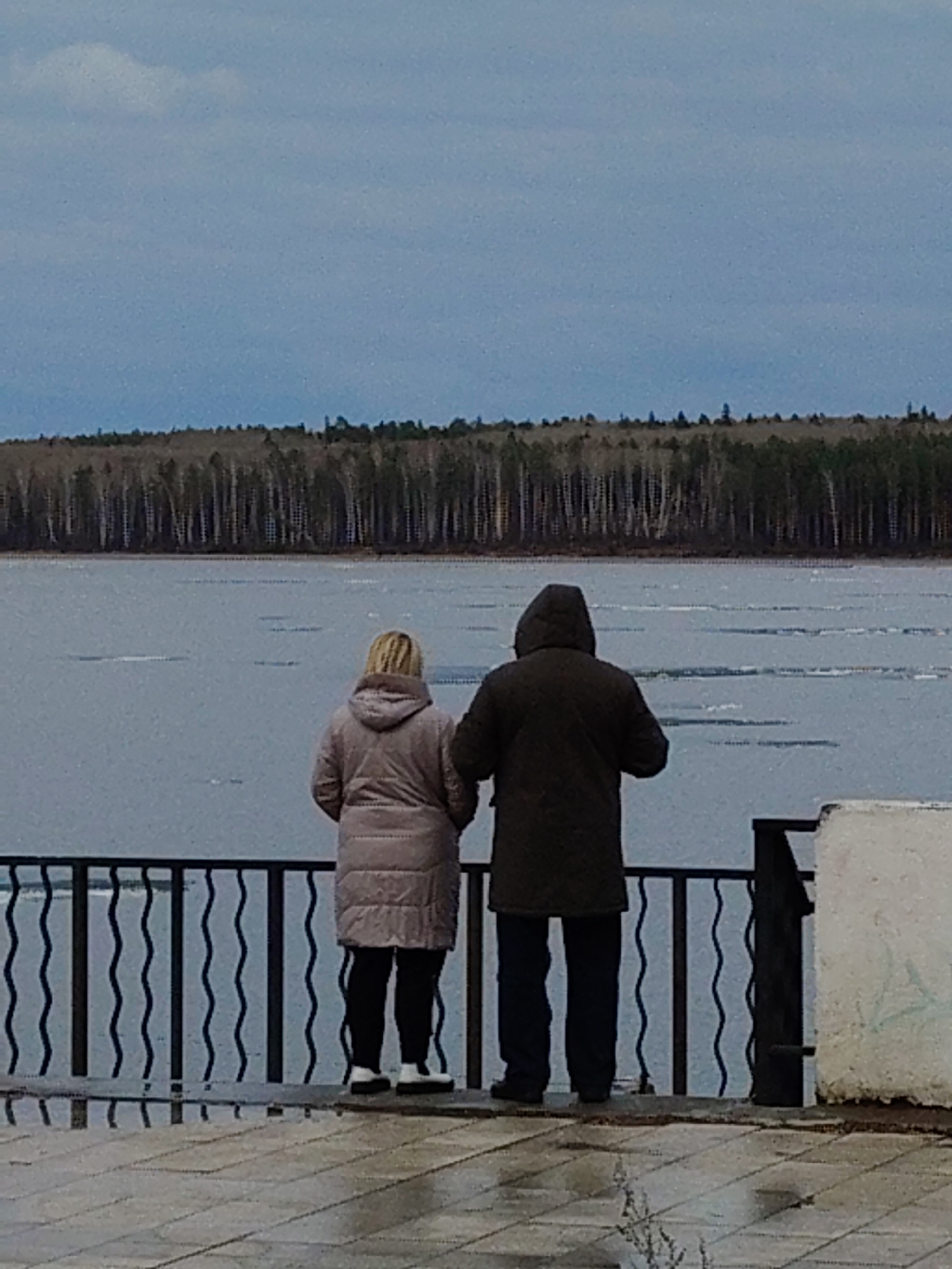 Two individuals, a woman and a man, are captured from behind, standing at a black metal railing and looking out over a wide body of water. The scene suggests a cool or cold environment, possibly late autumn or early spring.
The woman, on the left, has blonde hair and is wearing a light-colored (possibly beige or light pink) padded jacket, dark pants, and white-soled shoes. The man, on the right, is dressed in a dark, hooded coat and dark trousers. Their posture indicates they are observing the expanse of water before them.
The water surface is greyish-blue and features numerous floating chunks of ice or slush, consistent with cold temperatures. On the distant bank, a dense line of trees forms the horizon. Many of these trees appear bare or deciduous, with a mix of darker evergreens, suggesting the season. The sky above is overcast and a uniform light grey-blue, with a faint suggestion of clouds.
In the foreground, a decorative black metal railing with a distinctive wavy pattern runs across the image. The individuals are standing on a tiled pavement that appears damp or reflective, possibly from recent precipitation or melting ice. To the far right, a weathered, white concrete pillar is visible. There is no visible text in the image.