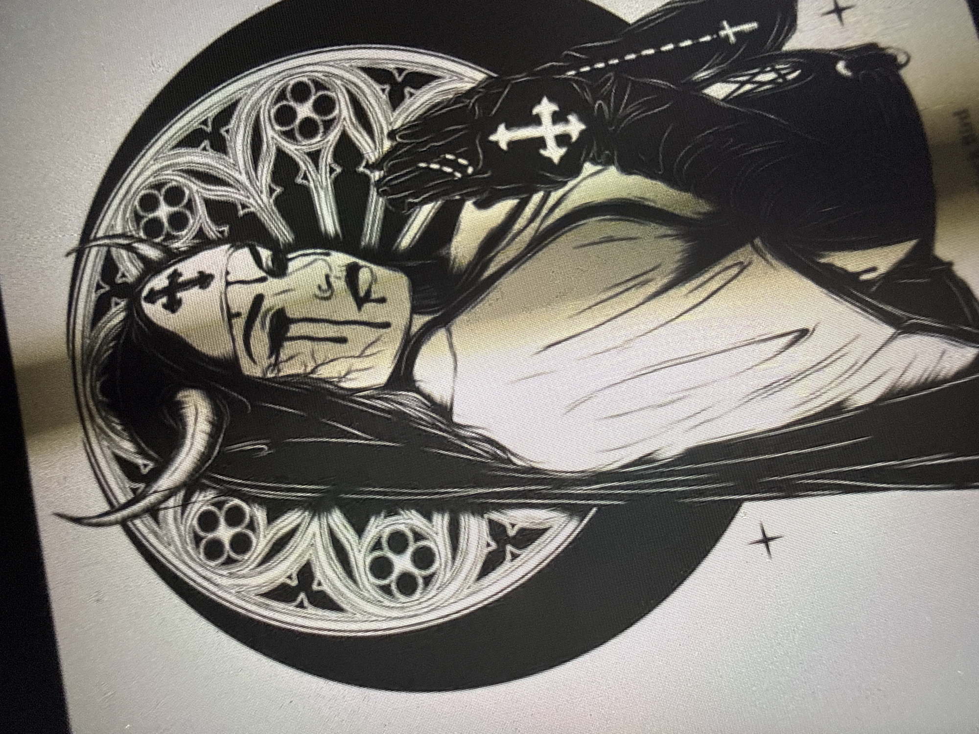 The image is a digital artwork depicting a stylized, gothic-inspired nun with horns, black gloves, and a rosary. She is shown in profile, with her head tilted and eyes closed, in a prayerful pose. The background features a circular, stained-glass-like motif with intricate patterns. There are no discernible elements that would suggest a specific location in Sofia, Bulgaria.